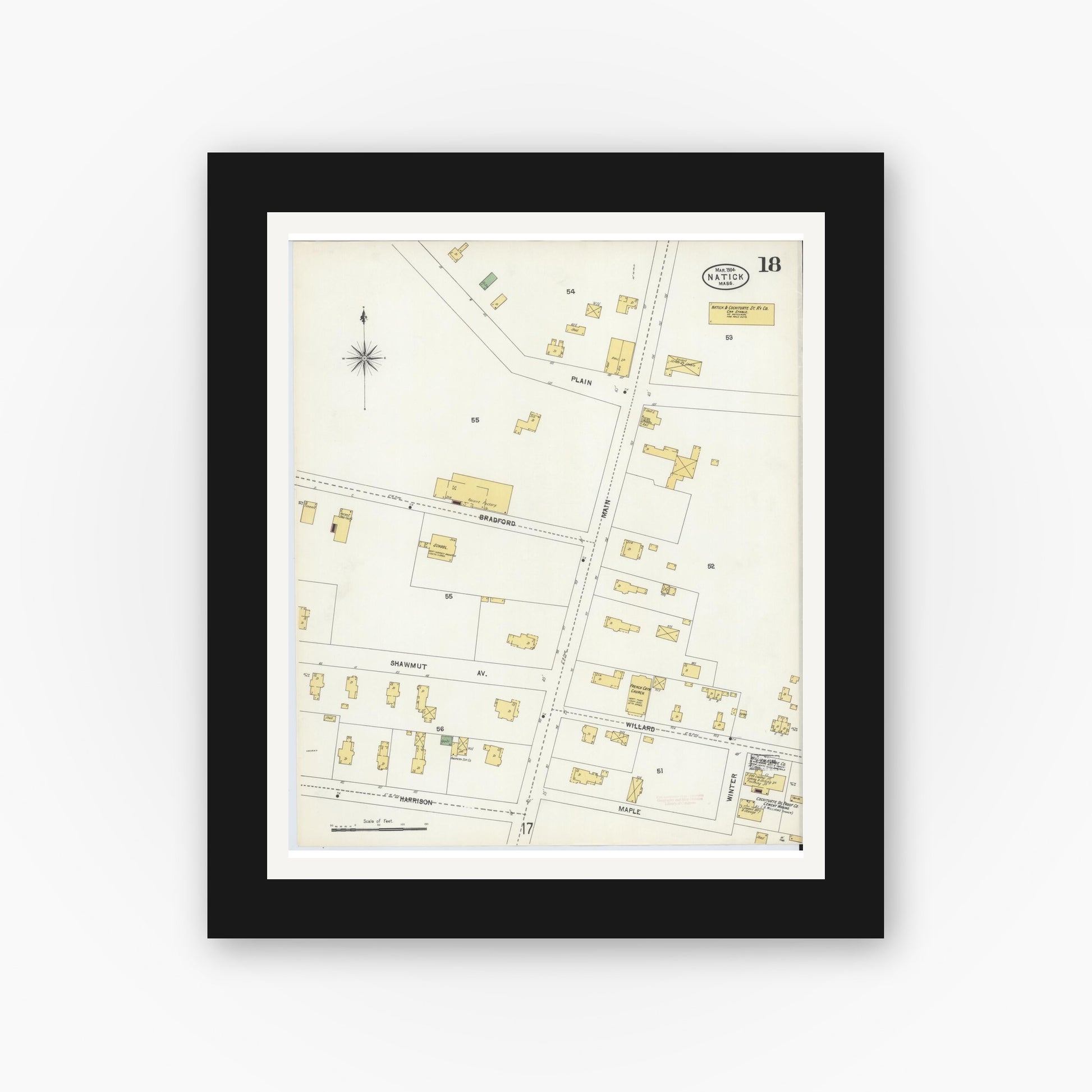 Old map wall art mockup — black gallery frame with white mat — Sanborn Fire Insurance Map from Natick, Middlesex County, Massachusetts (1904), Sheet #0018