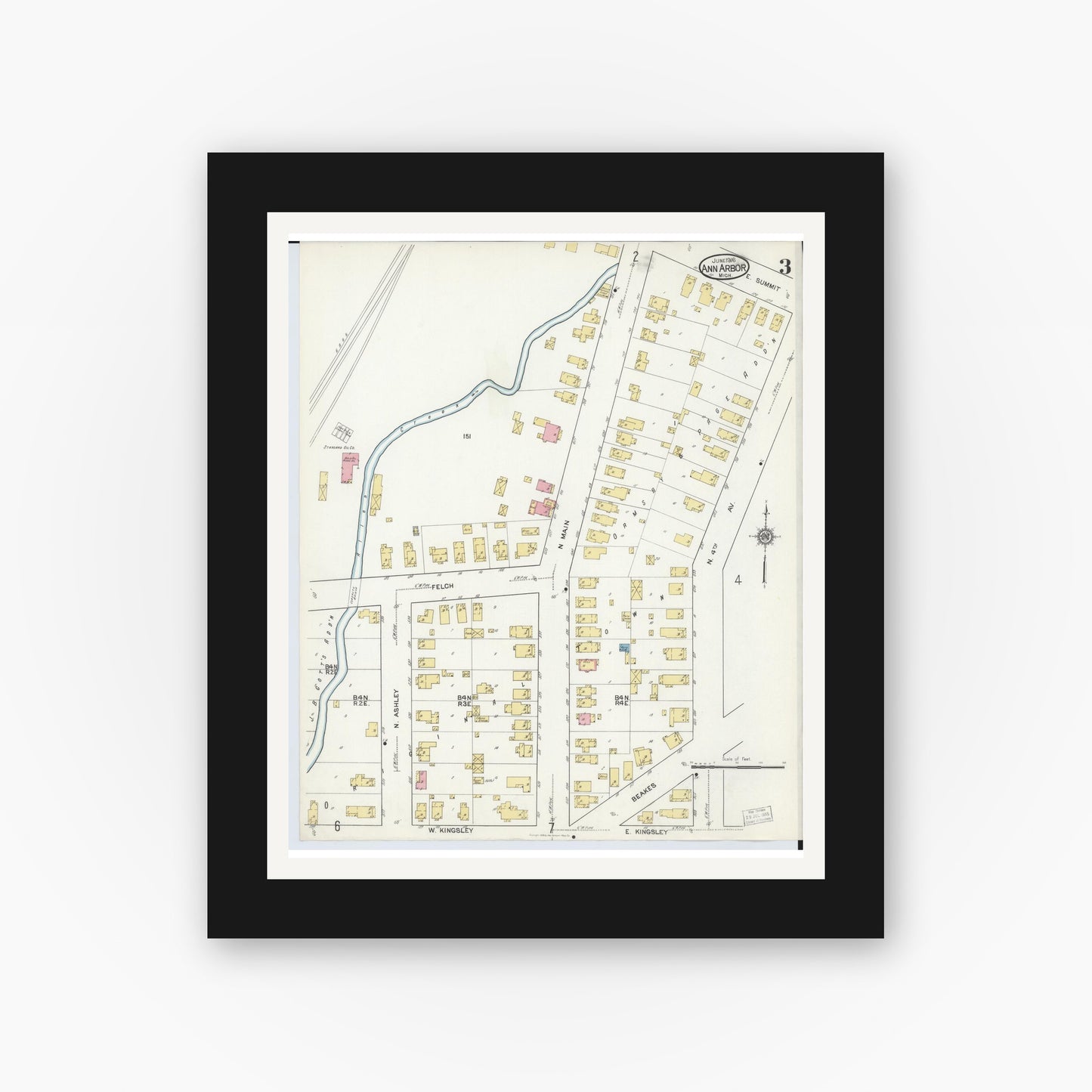 Old map wall art mockup — black gallery frame with white mat — Sanborn Fire Insurance Map from Ann Arbor, Washtenaw County, Michigan (1916), Sheet #0003