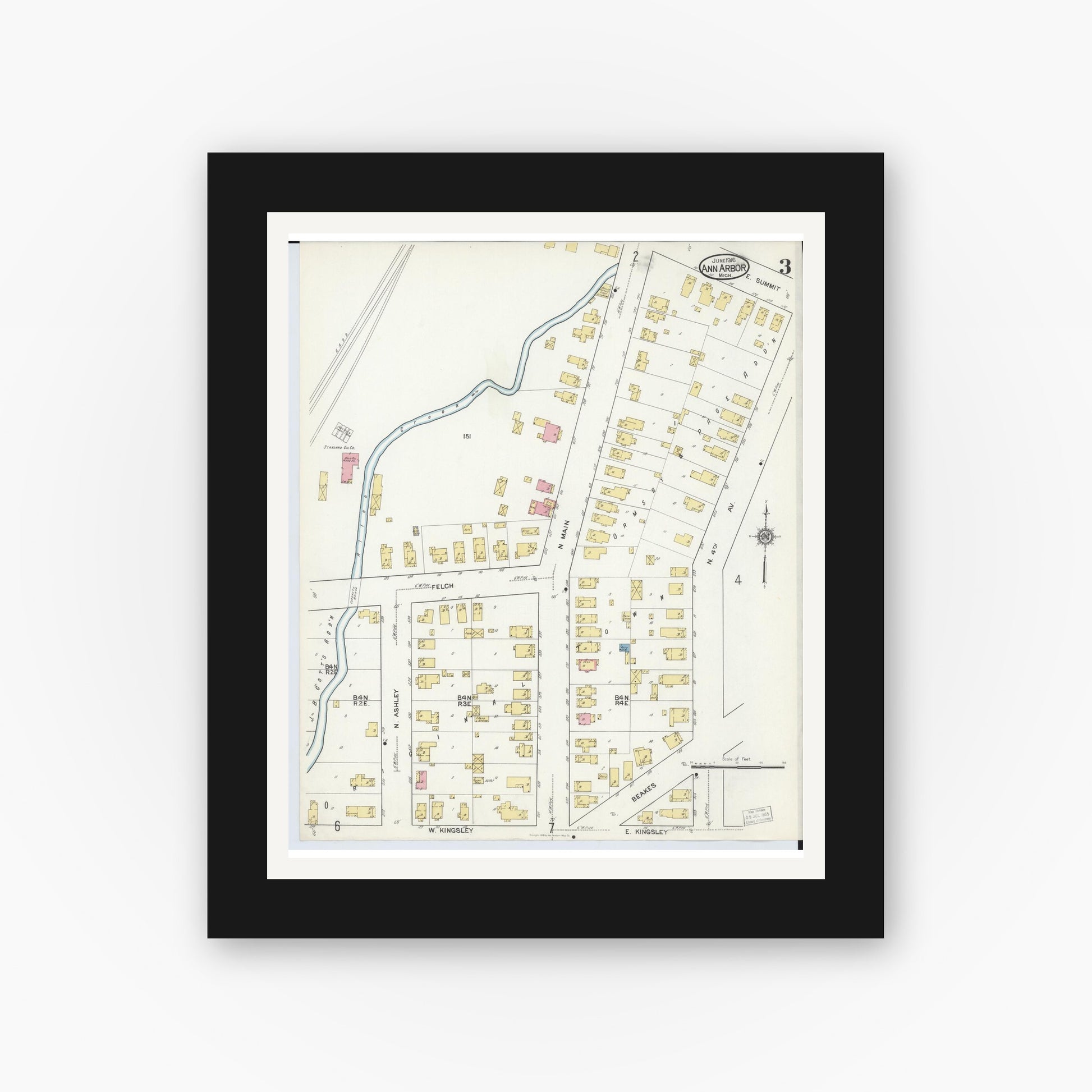Old map wall art mockup — black gallery frame with white mat — Sanborn Fire Insurance Map from Ann Arbor, Washtenaw County, Michigan (1916), Sheet #0003
