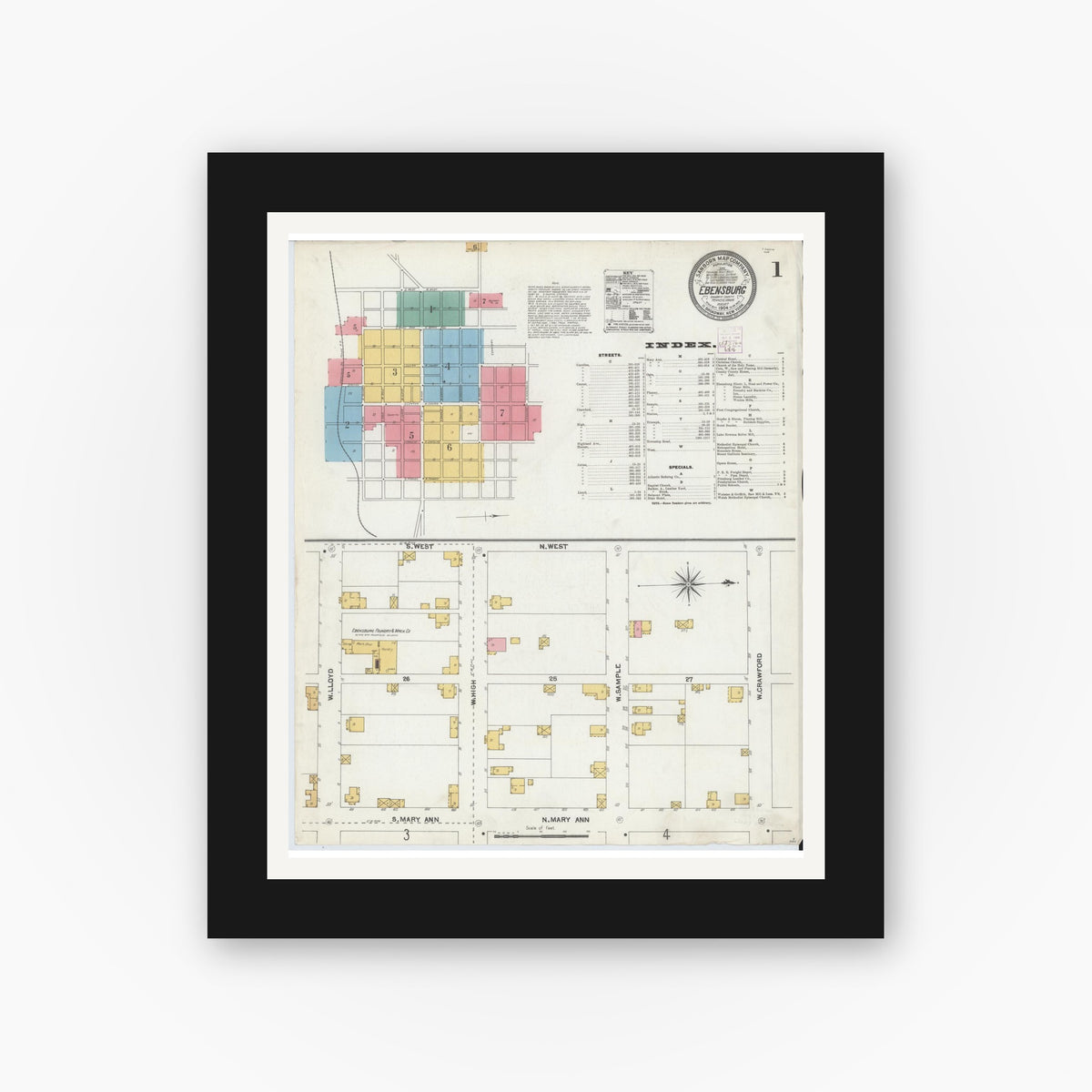 Old map wall art mockup — black gallery frame with white mat — Sanborn Fire Insurance Map from Ebensburg, Cambria County, Pennsylvania (1904) - Complete Map Set