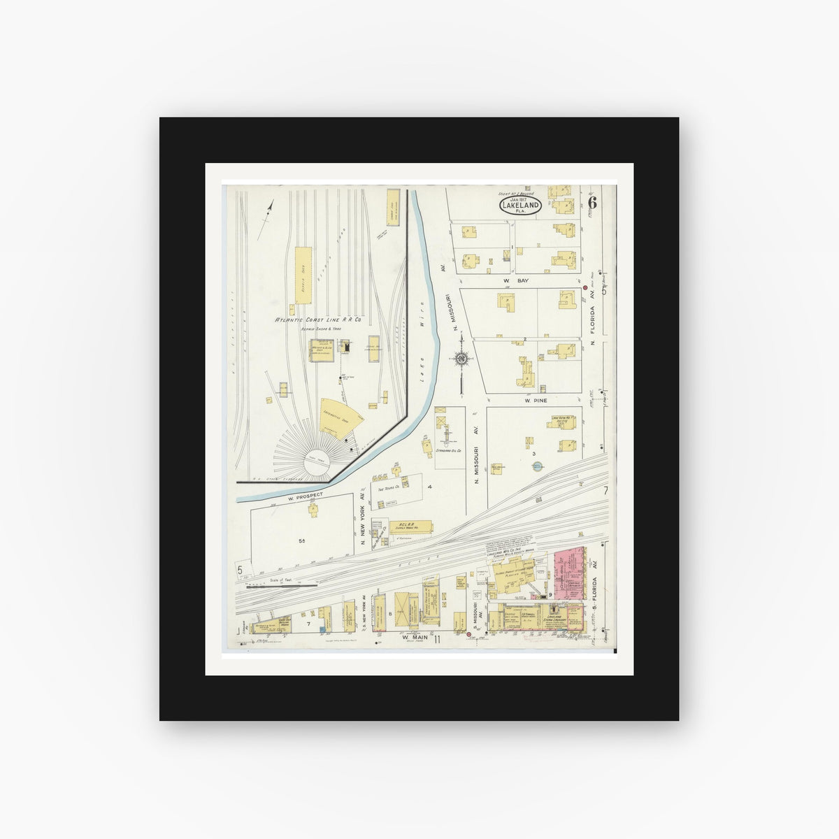 Old map wall art mockup — black gallery frame with white mat — Sanborn Fire Insurance Map from Lakeland, Polk County, Florida (1917), Sheet #0006