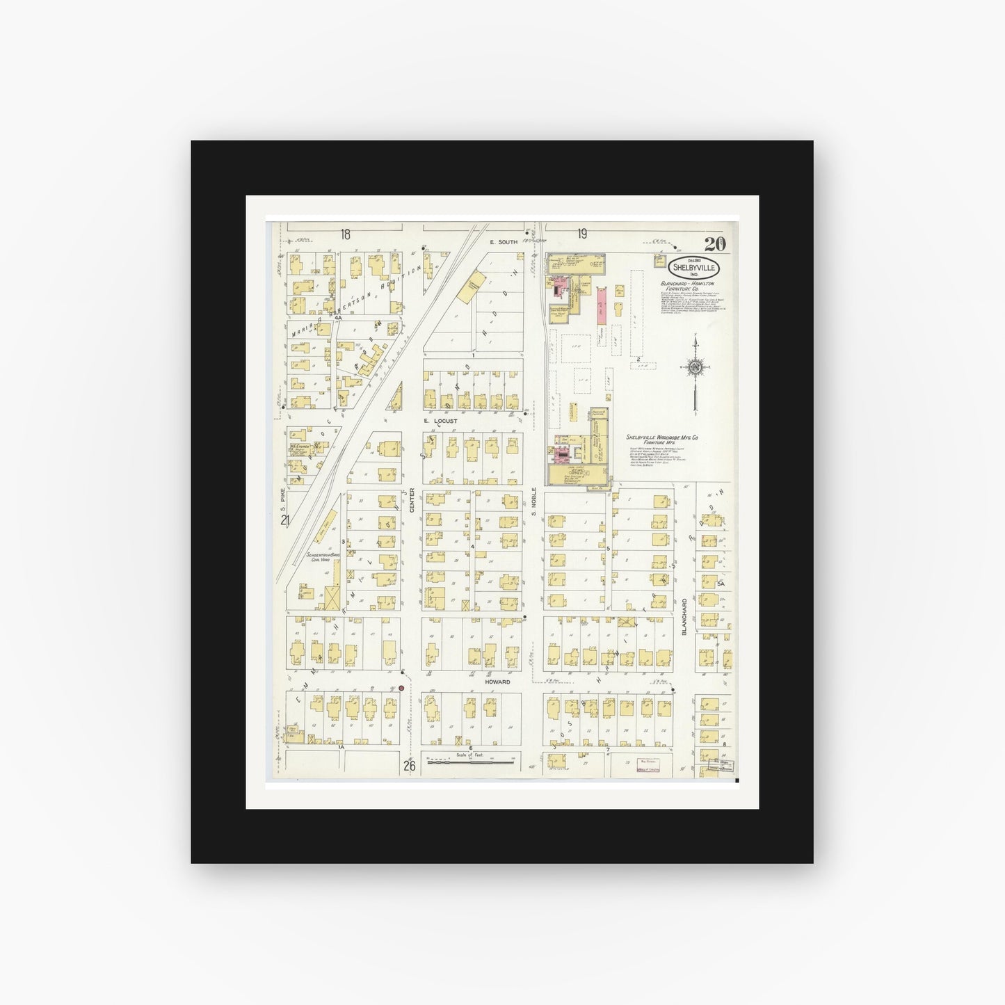 Old map wall art mockup — black gallery frame with white mat — Sanborn Fire Insurance Map from Shelbyville, Shelby County, Indiana (1910), Sheet #0020