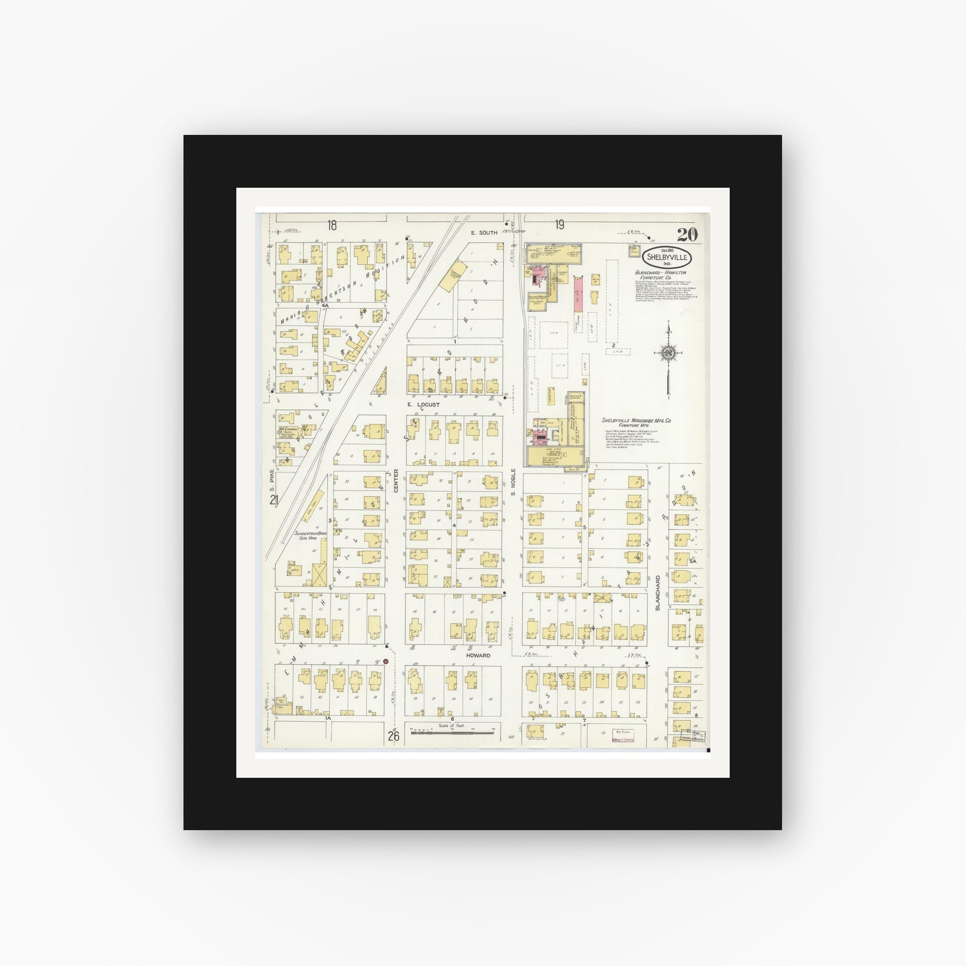 Old map wall art mockup — black gallery frame with white mat — Sanborn Fire Insurance Map from Shelbyville, Shelby County, Indiana (1910), Sheet #0020