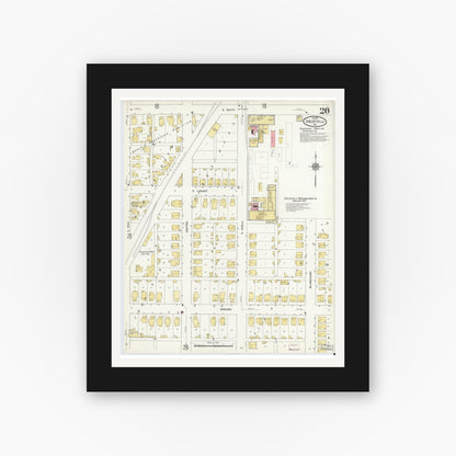 Old map wall art mockup — black gallery frame with white mat — Sanborn Fire Insurance Map from Shelbyville, Shelby County, Indiana (1910), Sheet #0020