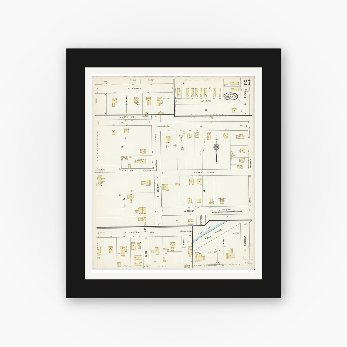 Old map wall art mockup — black gallery frame with white mat — Sanborn Fire Insurance Map from Orlando, Orange County, Florida (1913), Sheet #0027