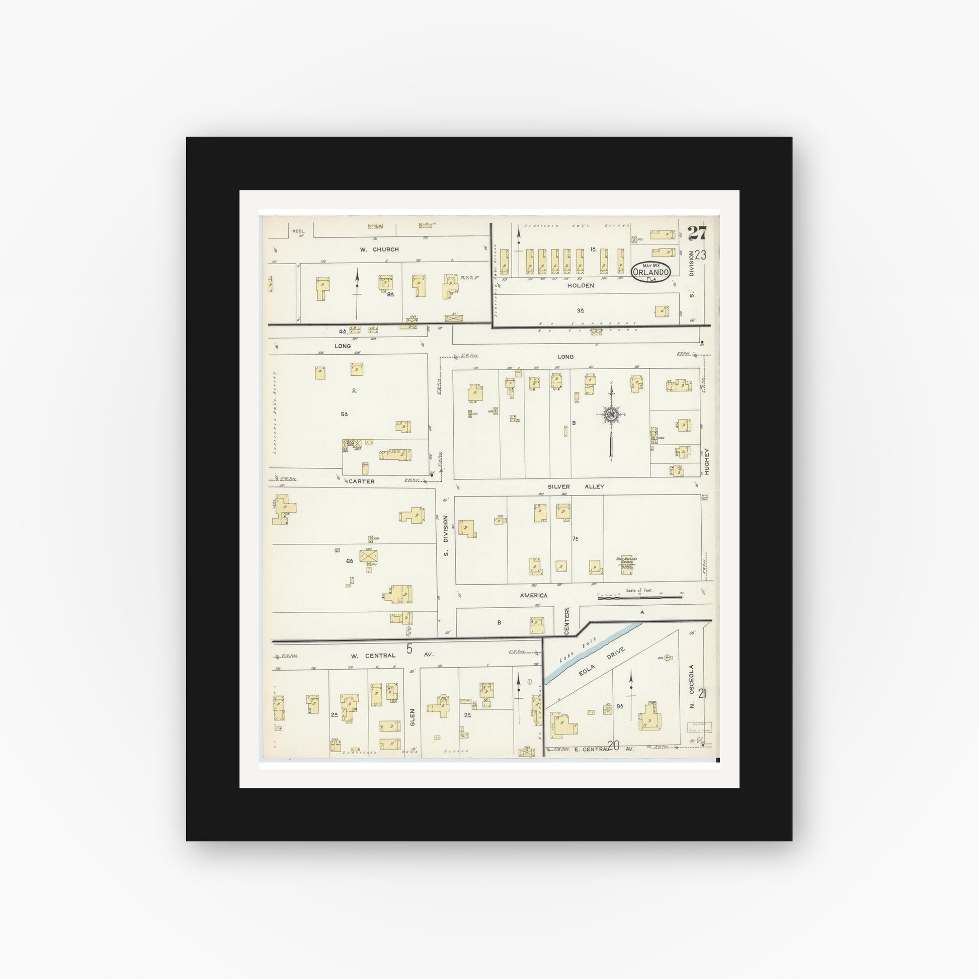 Old map wall art mockup — black gallery frame with white mat — Sanborn Fire Insurance Map from Orlando, Orange County, Florida (1913), Sheet #0027