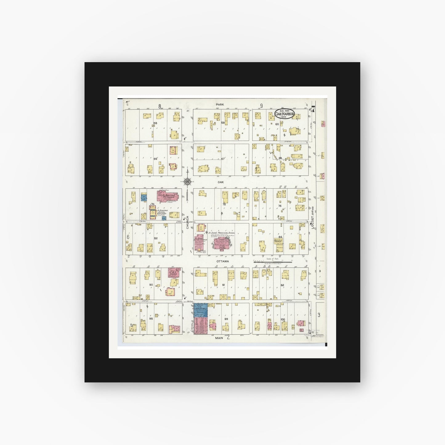 Old map wall art mockup — black gallery frame with white mat — Sanborn Fire Insurance Map from Oak Harbor, Ottawa County, Ohio (1920), Sheet #0007