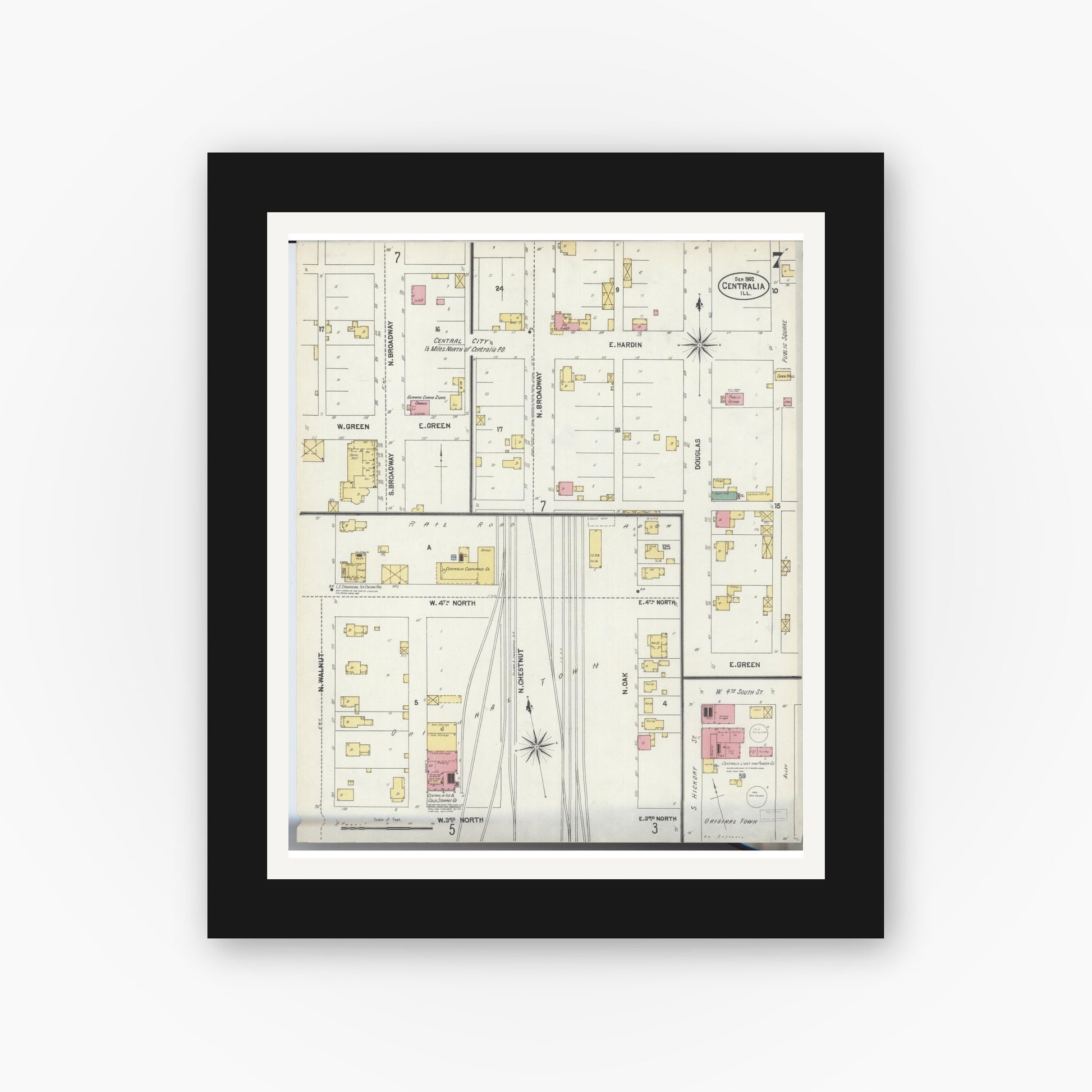 Old map wall art mockup — black gallery frame with white mat — Sanborn Fire Insurance Map from Centralia, Marion, Clinton, Jefferson, and Washington Counties, Illinois (1902), Sheet #0007