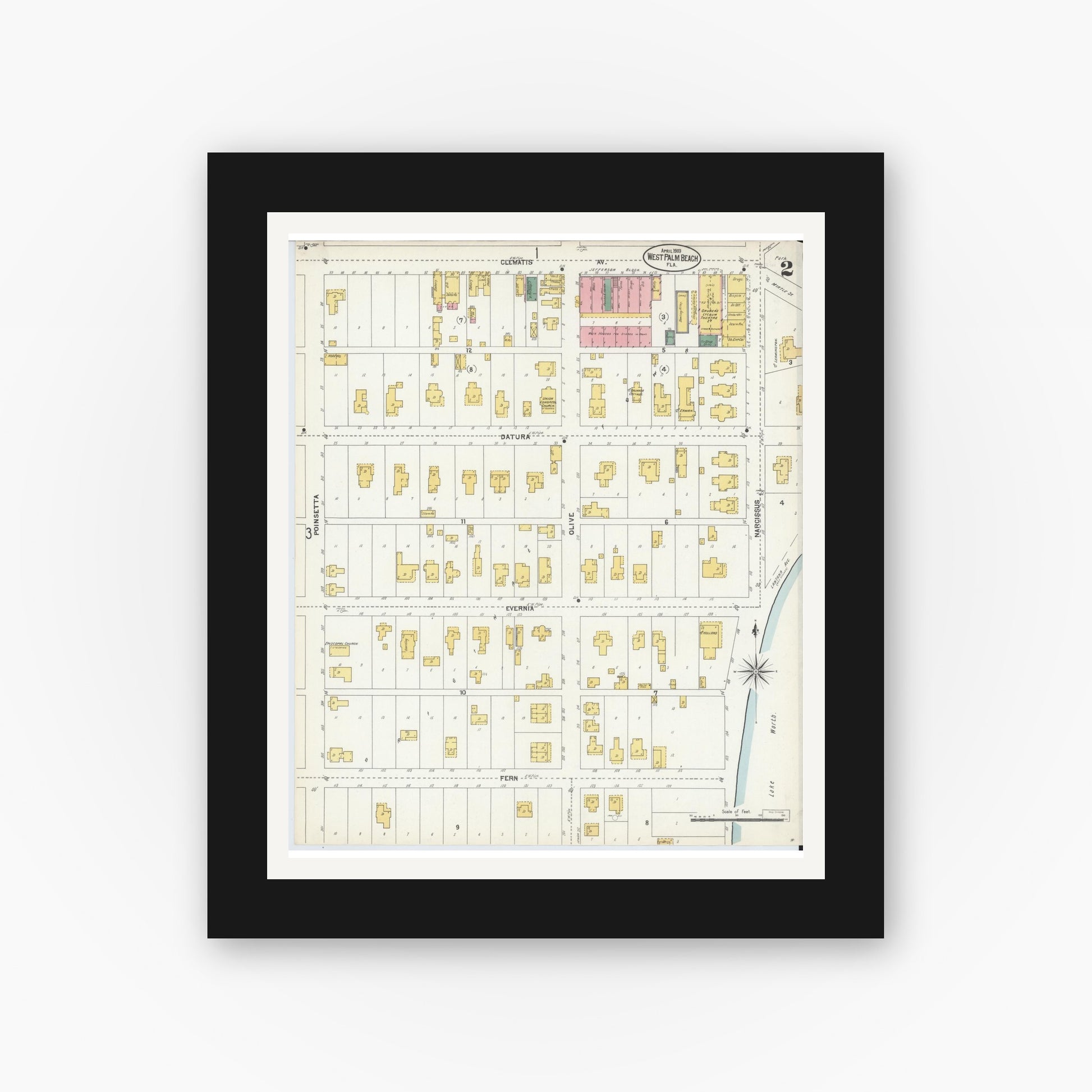 Old map wall art mockup — black gallery frame with white mat — Sanborn Fire Insurance Map from West Palm Beach, Dade County, Florida (1903), Sheet #0002