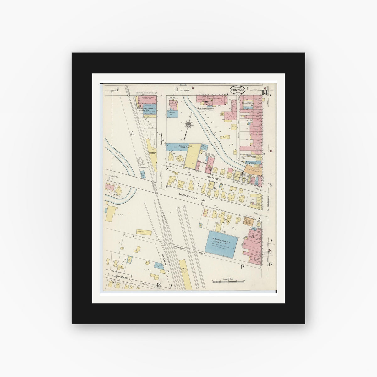 Old map wall art mockup — black gallery frame with white mat — Sanborn Fire Insurance Map from Pontiac, Oakland County, Michigan (1915), Sheet #0014