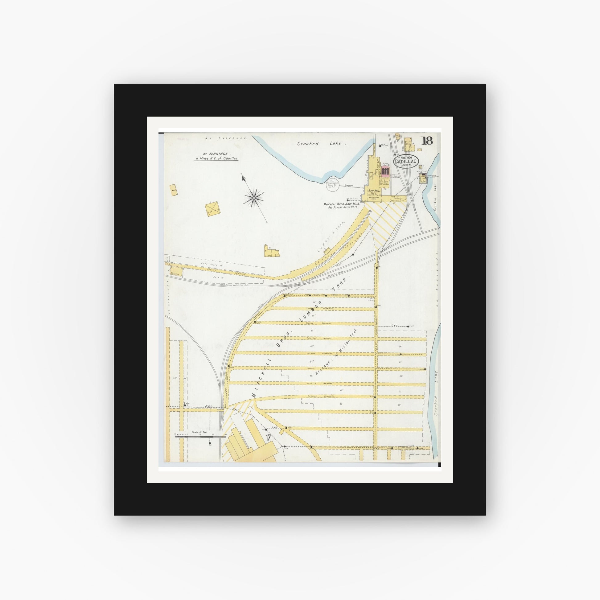 Old map wall art mockup — black gallery frame with white mat — Sanborn Fire Insurance Map from Cadillac, Wexford County, Michigan (1900), Sheet #0018