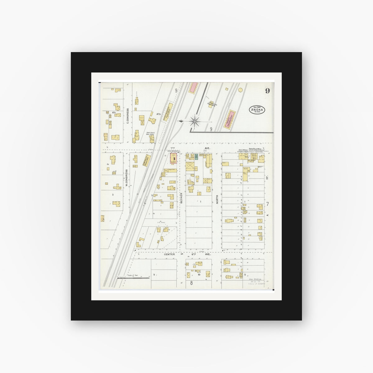 Old map wall art mockup — black gallery frame with white mat — Sanborn Fire Insurance Map from Anoka, Anoka County, Minnesota (1904), Sheet #0009