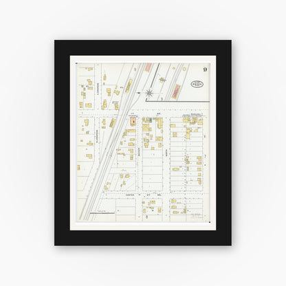 Old map wall art mockup — black gallery frame with white mat — Sanborn Fire Insurance Map from Anoka, Anoka County, Minnesota (1904), Sheet #0009