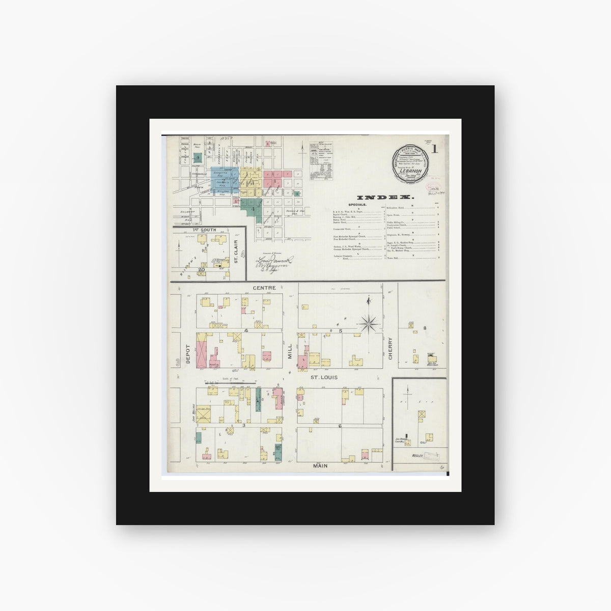Old map wall art mockup — black gallery frame with white mat — Sanborn Fire Insurance Map from Lebanon, Saint Clair County, Illinois (1894) - Complete Map Set