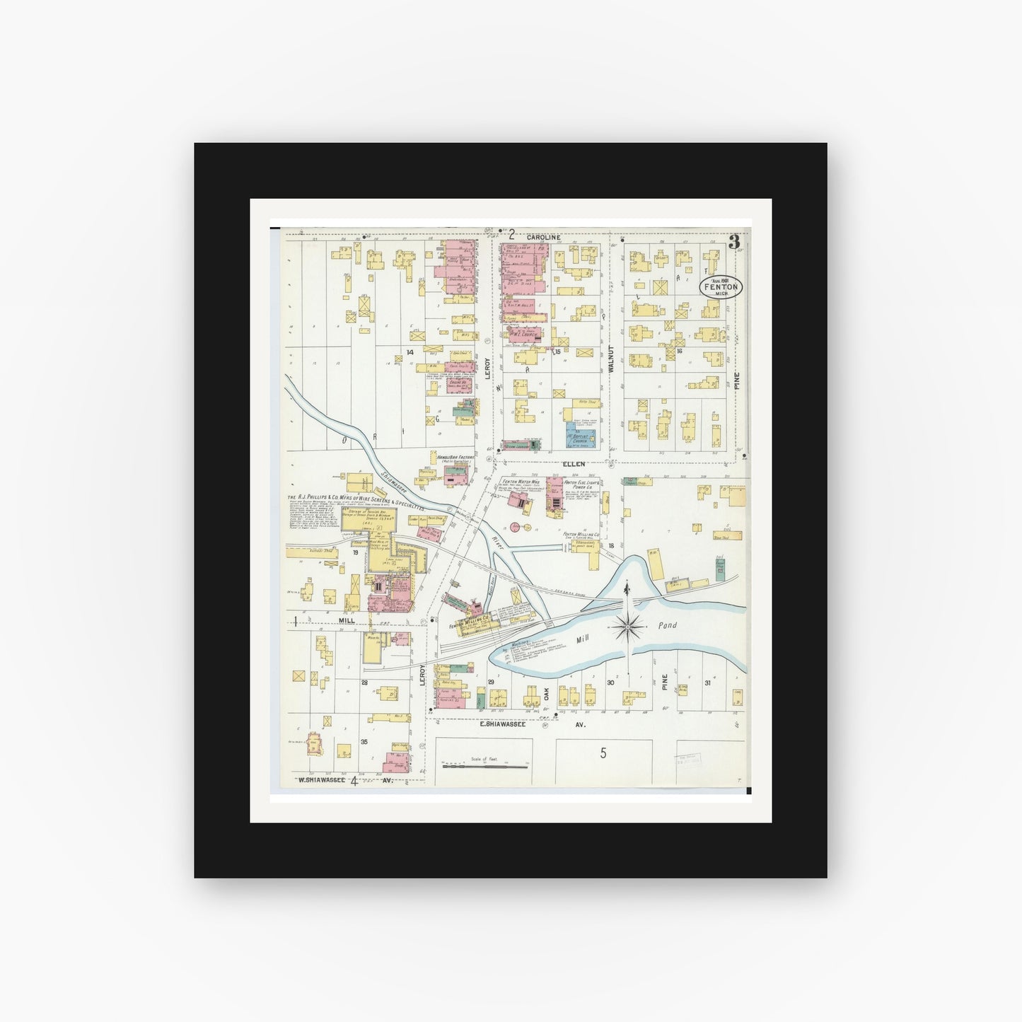 Old map wall art mockup — black gallery frame with white mat — Sanborn Fire Insurance Map from Fenton, Genesee County, Michigan (1901), Sheet #0003