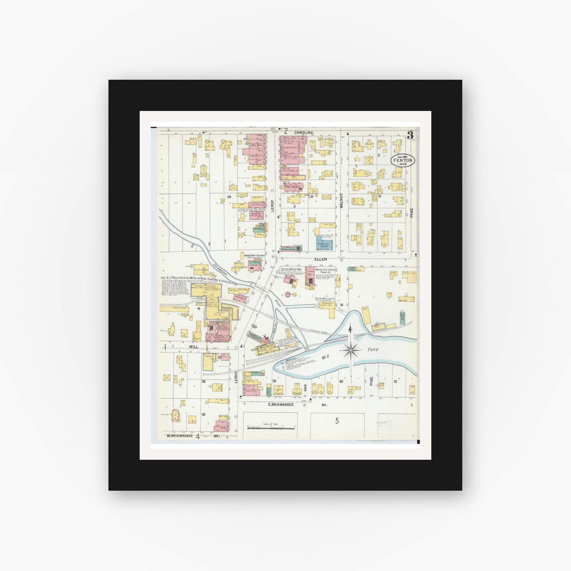 Old map wall art mockup — black gallery frame with white mat — Sanborn Fire Insurance Map from Fenton, Genesee County, Michigan (1901), Sheet #0003