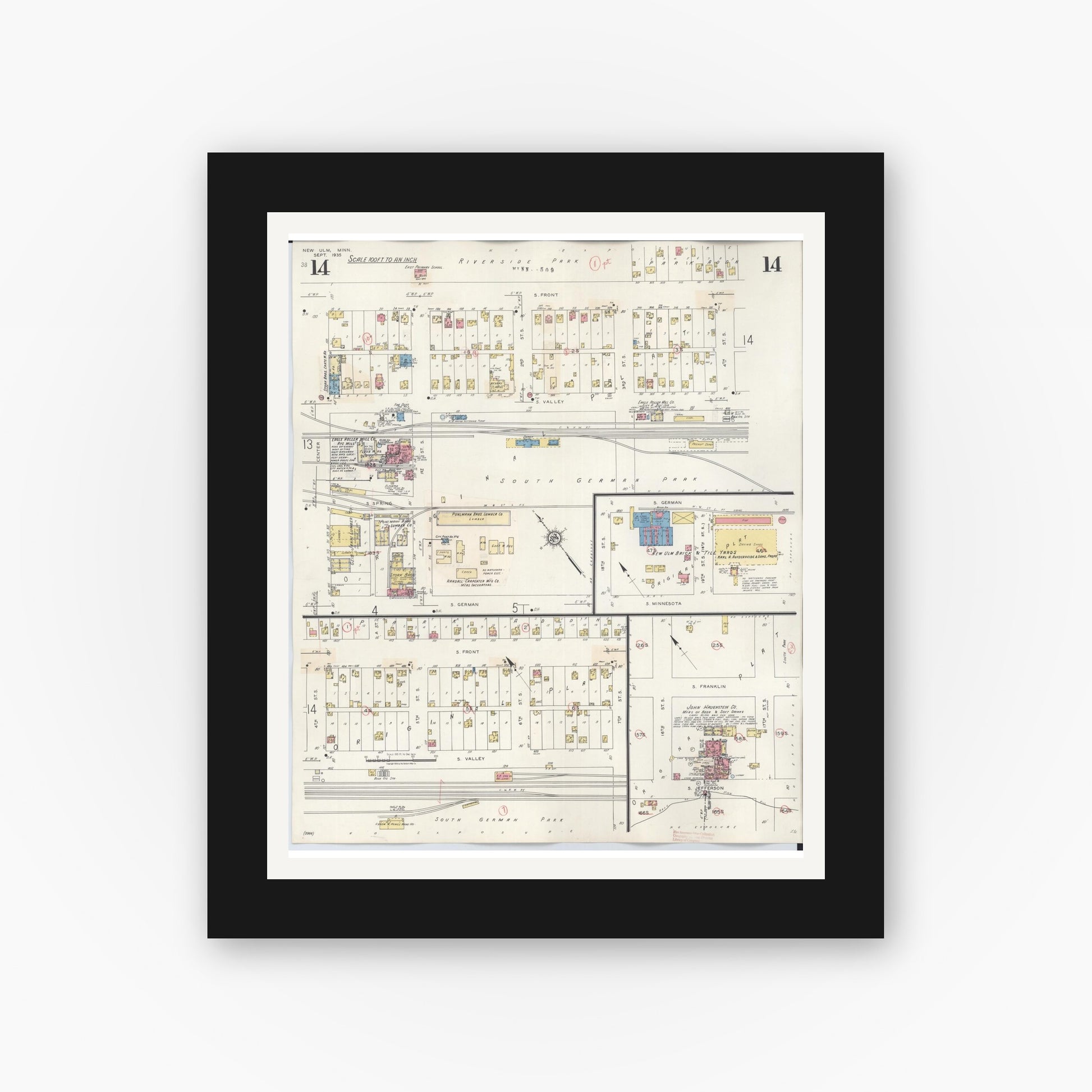 Old map wall art mockup — black gallery frame with white mat — Sanborn Fire Insurance Map from New Ulm, Brown County, Minnesota (1946), Sheet #0014