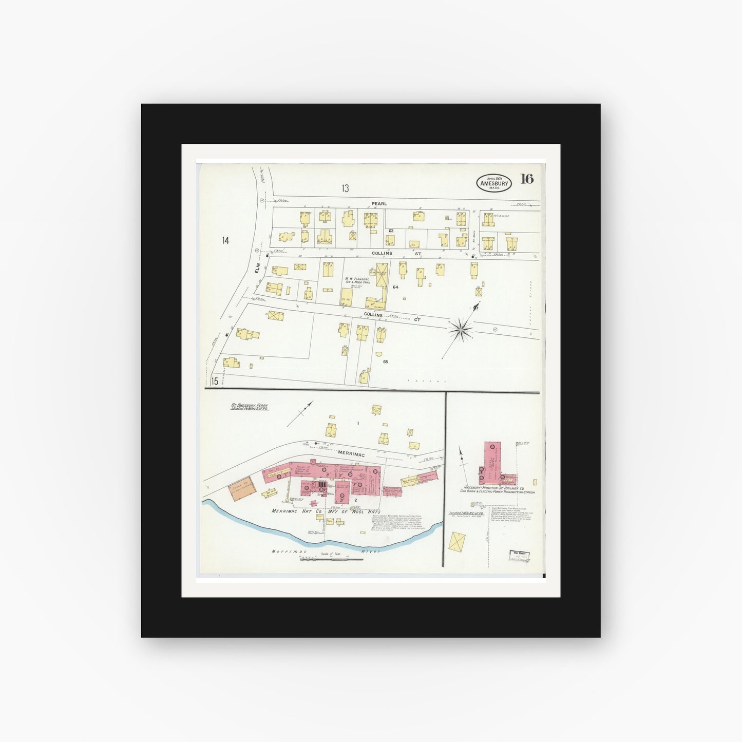 Old map wall art mockup — black gallery frame with white mat — Sanborn Fire Insurance Map from Amesbury, Essex County, Massachusetts (1909), Sheet #0016