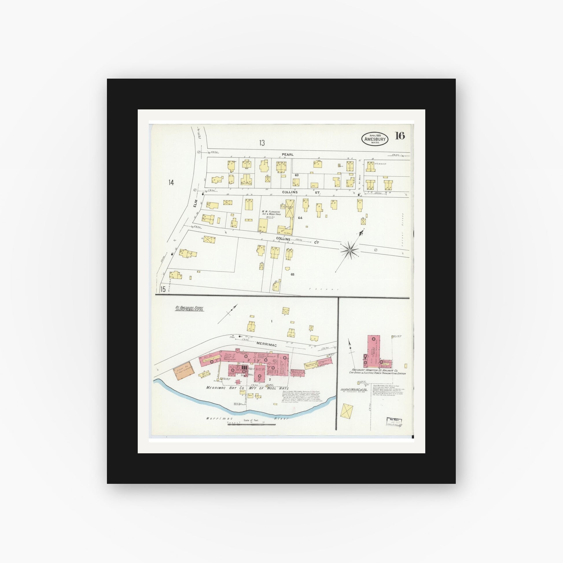 Old map wall art mockup — black gallery frame with white mat — Sanborn Fire Insurance Map from Amesbury, Essex County, Massachusetts (1909), Sheet #0016