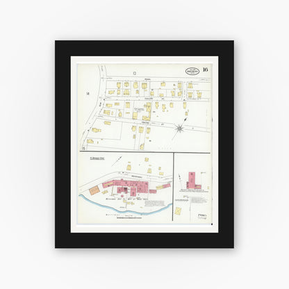Old map wall art mockup — black gallery frame with white mat — Sanborn Fire Insurance Map from Amesbury, Essex County, Massachusetts (1909), Sheet #0016