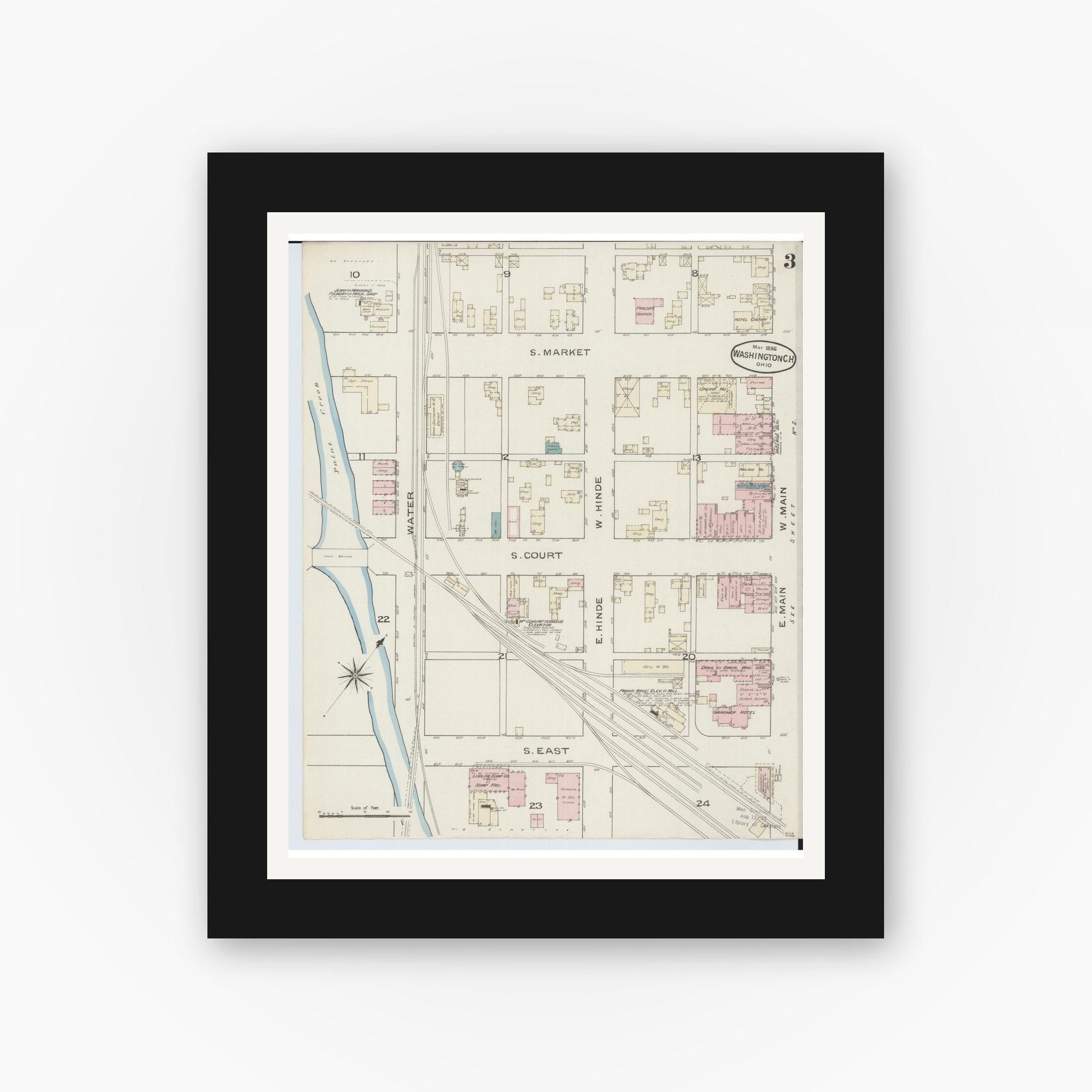 Old map wall art mockup — black gallery frame with white mat — Sanborn Fire Insurance Map from Washington Court House, Fayette County, Ohio (1886), Sheet #0003