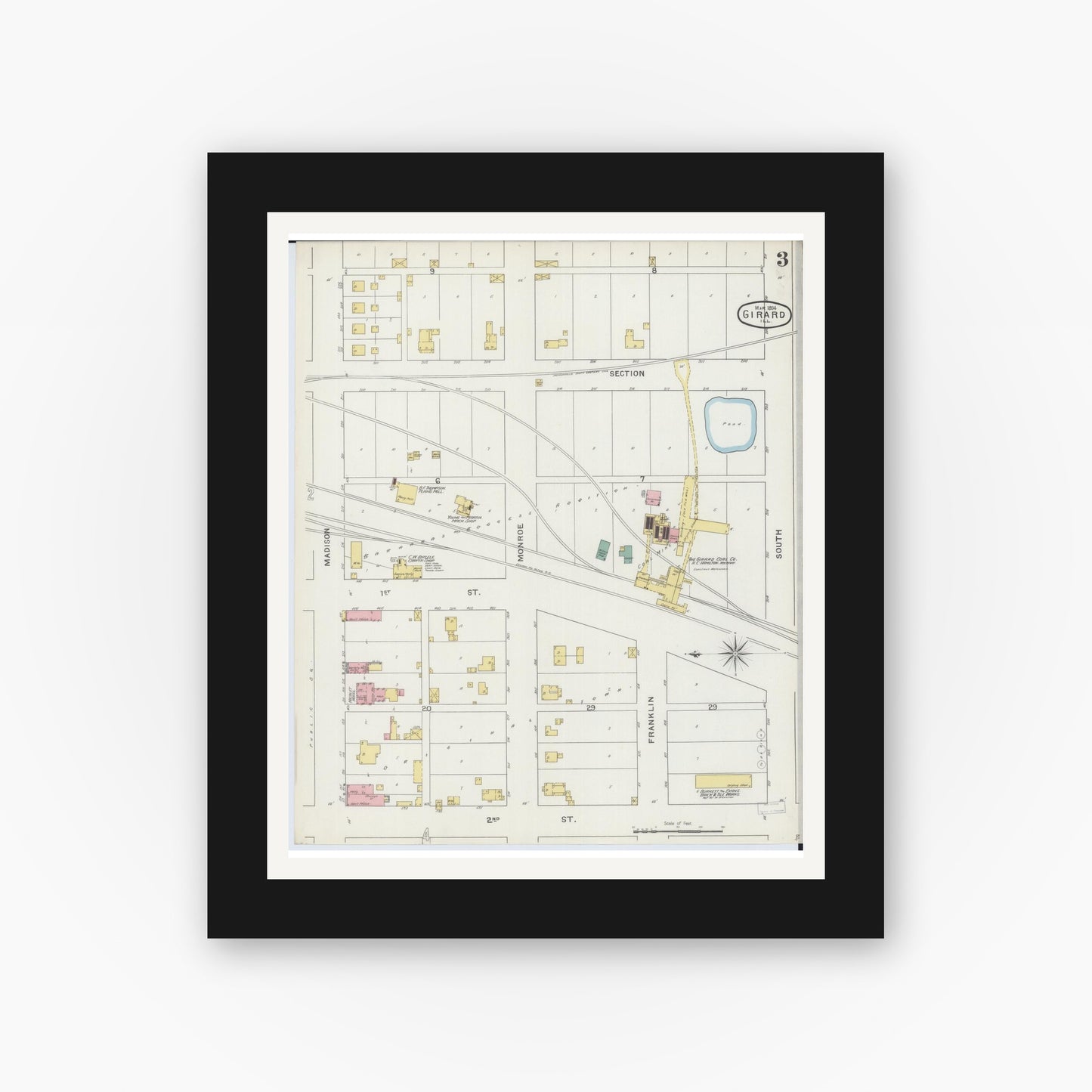 Old map wall art mockup — black gallery frame with white mat — Sanborn Fire Insurance Map from Girard, Macoupin County, Illinois (1894), Sheet #0003