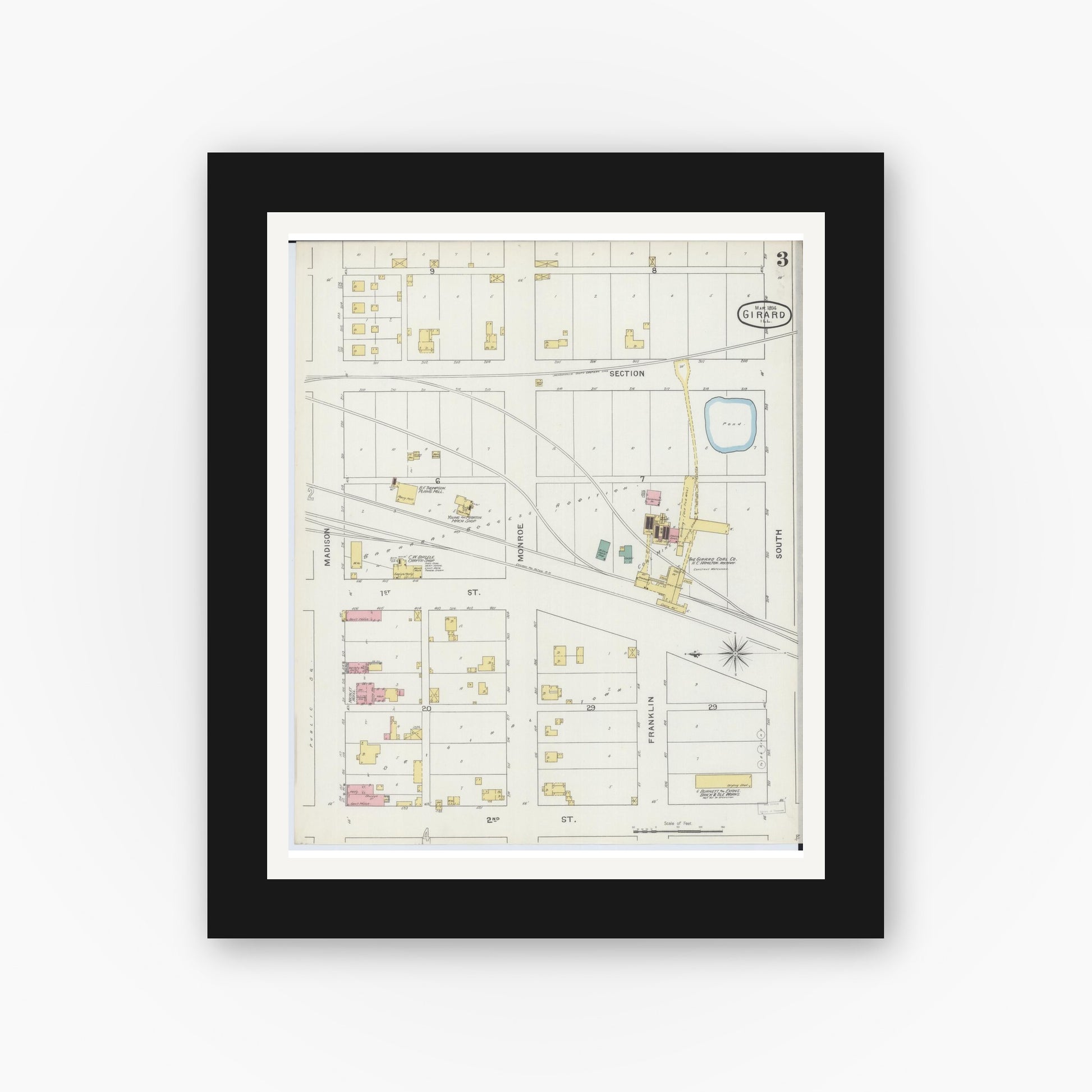 Old map wall art mockup — black gallery frame with white mat — Sanborn Fire Insurance Map from Girard, Macoupin County, Illinois (1894), Sheet #0003