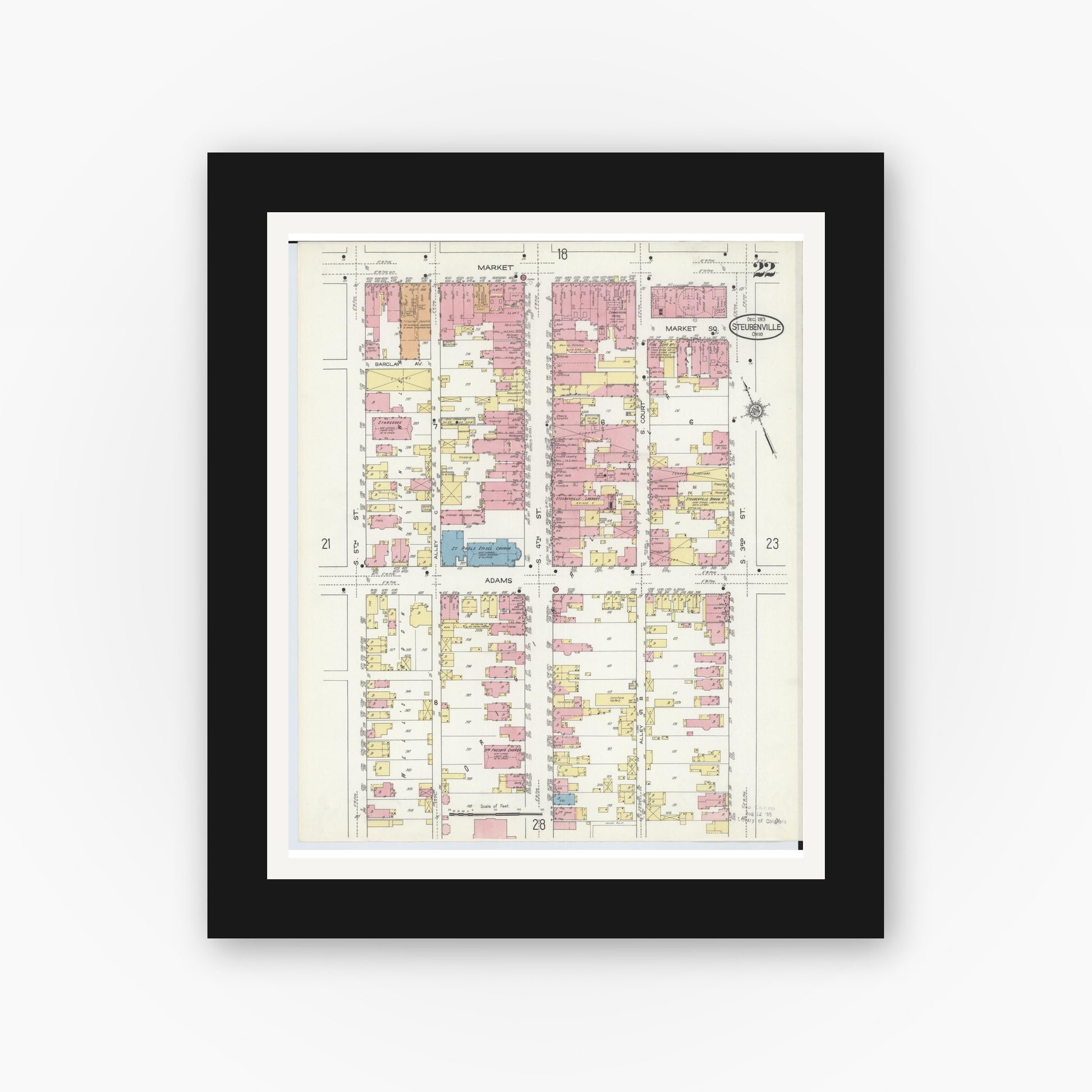 Old map wall art mockup — black gallery frame with white mat — Sanborn Fire Insurance Map from Steubenville, Jefferson County, Ohio (1913), Sheet #0022