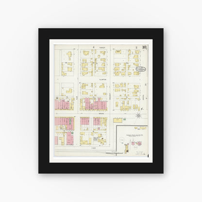 Old map wall art mockup — black gallery frame with white mat — Sanborn Fire Insurance Map from Texarkana, Bowie County, Texas (1896), Sheet #0010