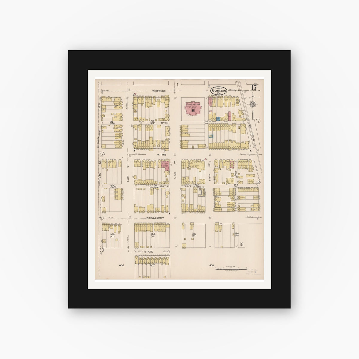 Old map wall art mockup — black gallery frame with white mat — Sanborn Fire Insurance Map from Shamokin, Northumberland County, Pennsylvania (1922), Sheet #0017