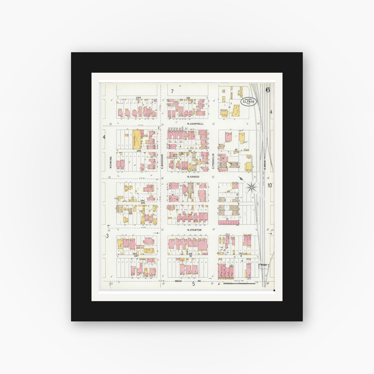 Old map wall art mockup — black gallery frame with white mat — Sanborn Fire Insurance Map from El Paso, El Paso County, Texas (1900), Sheet #0006