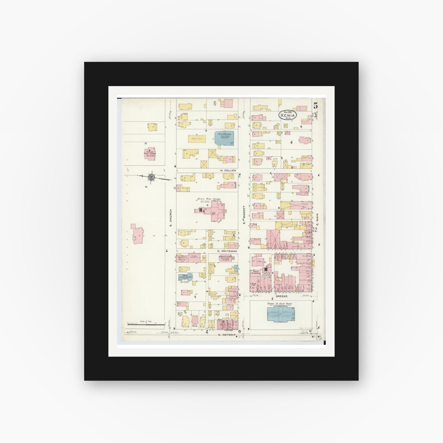 Old map wall art mockup — black gallery frame with white mat — Sanborn Fire Insurance Map from Xenia, Greene County, Ohio (1910), Sheet #0005