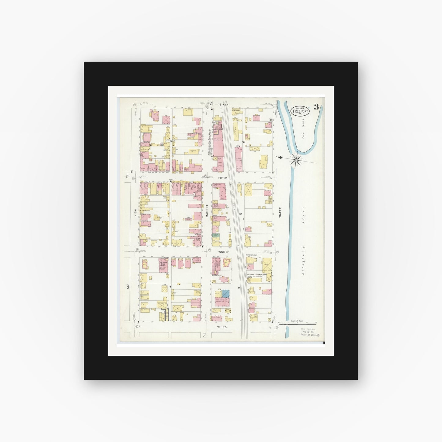 Old map wall art mockup — black gallery frame with white mat — Sanborn Fire Insurance Map from Freeport, Armstrong County, Pennsylvania (1908), Sheet #0003