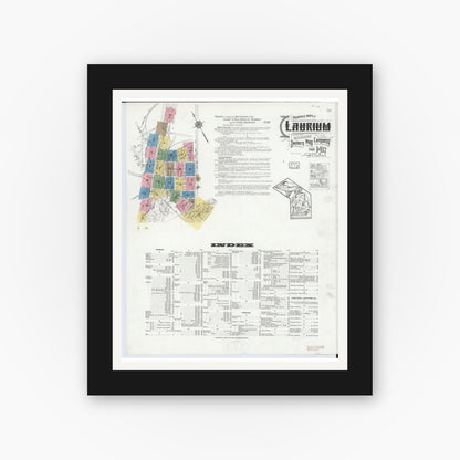 Old map wall art mockup — black gallery frame with white mat — Sanborn Fire Insurance Map from Laurium, Houghton County, Michigan (1917) - Complete Map Set