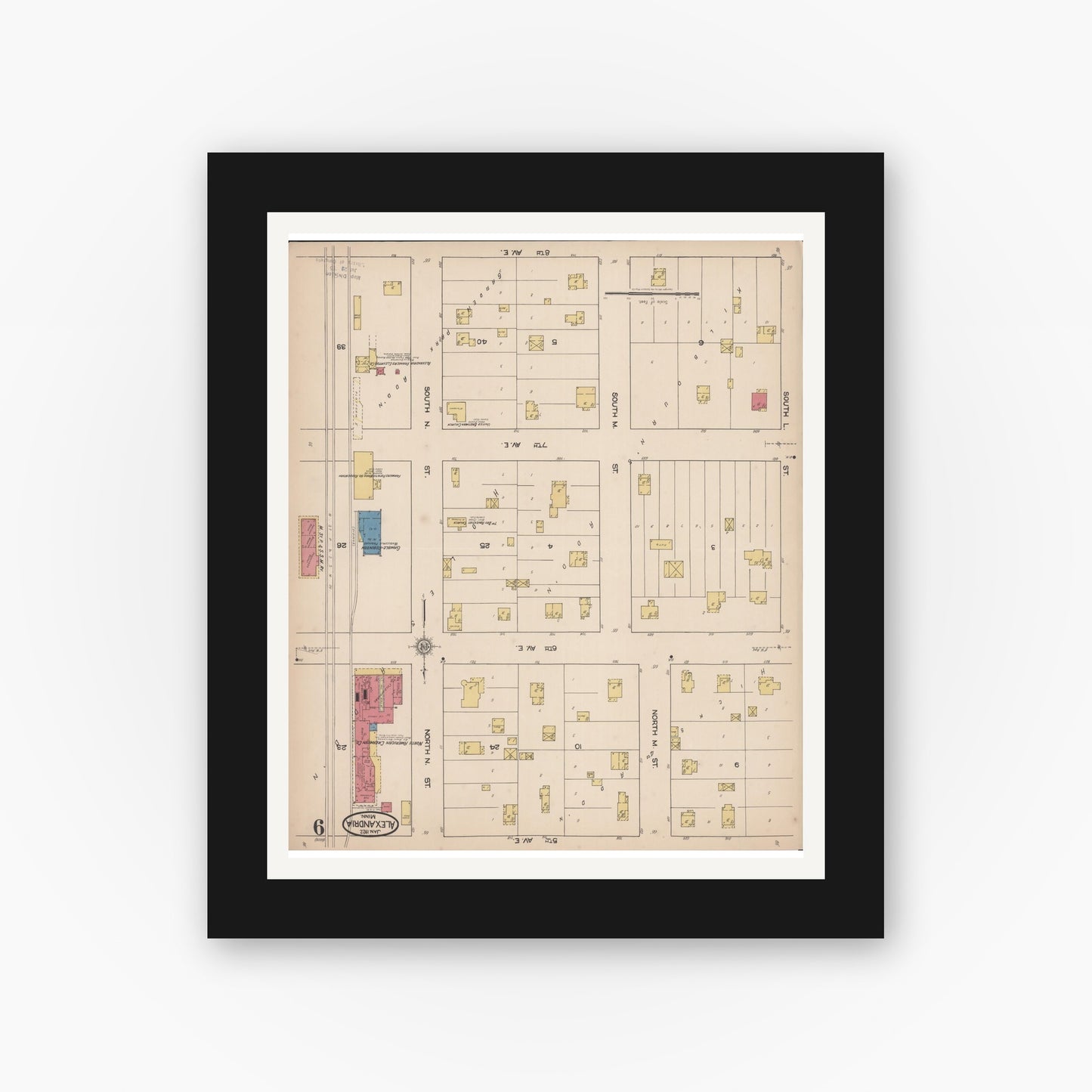 Old map wall art mockup — black gallery frame with white mat — Sanborn Fire Insurance Map from Alexandria, Douglas County, Minnesota (1922), Sheet #0009