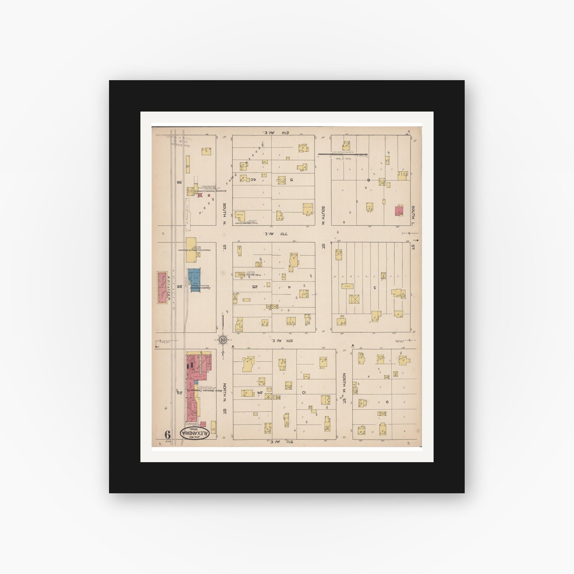 Old map wall art mockup — black gallery frame with white mat — Sanborn Fire Insurance Map from Alexandria, Douglas County, Minnesota (1922), Sheet #0009