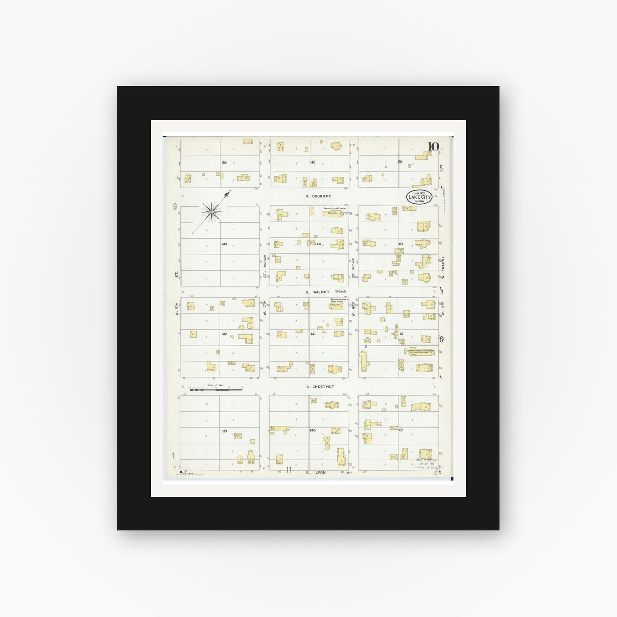 Old map wall art mockup — black gallery frame with white mat — Sanborn Fire Insurance Map from Lake City, Wabasha County, Minnesota (1909), Sheet #0010