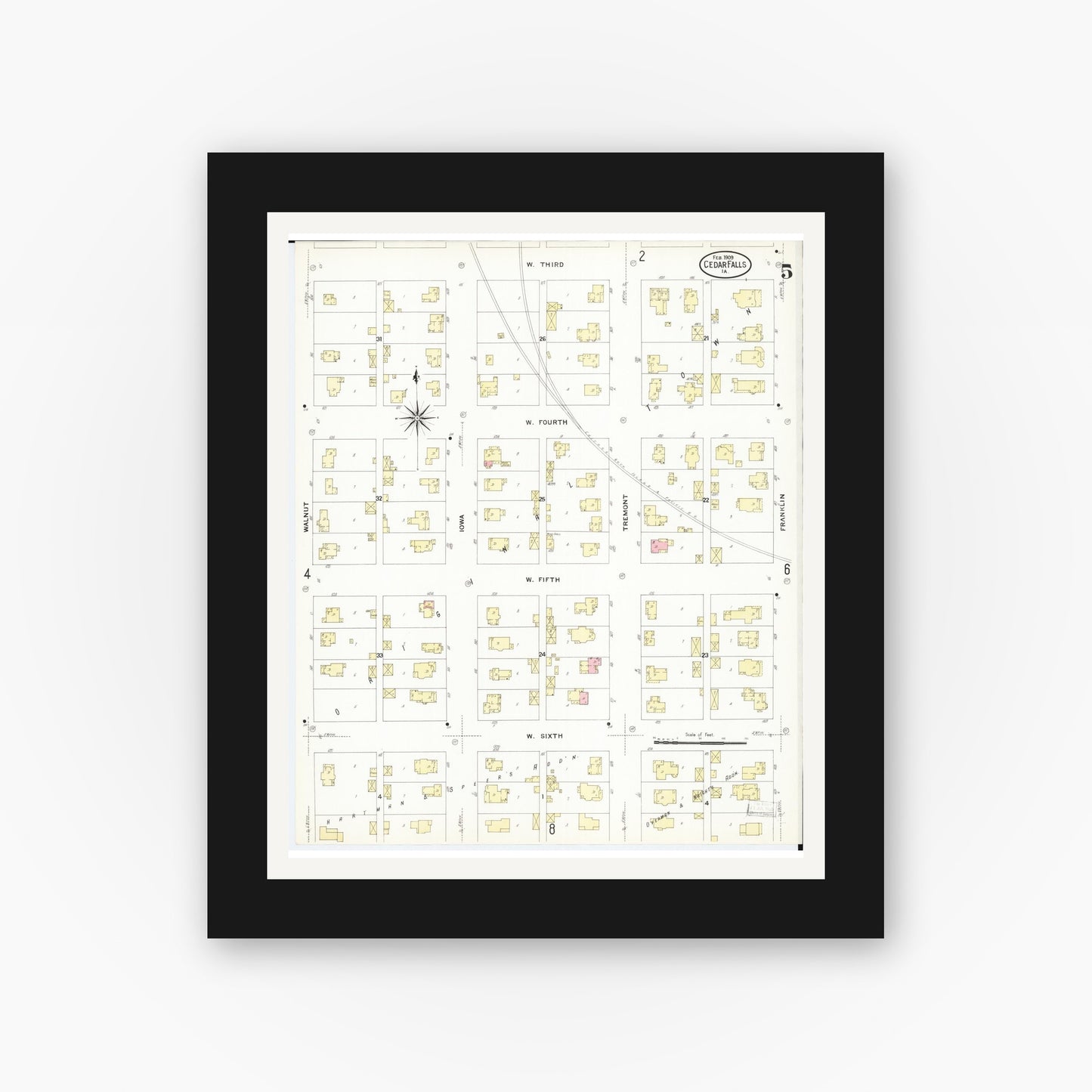 Old map wall art mockup — black gallery frame with white mat — Sanborn Fire Insurance Map from Cedar Falls, Black Hawk County, Iowa (1909), Sheet #0005
