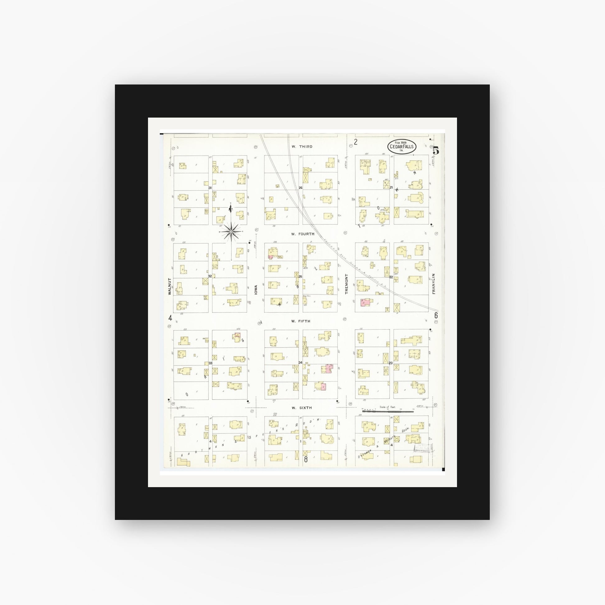 Old map wall art mockup — black gallery frame with white mat — Sanborn Fire Insurance Map from Cedar Falls, Black Hawk County, Iowa (1909), Sheet #0005