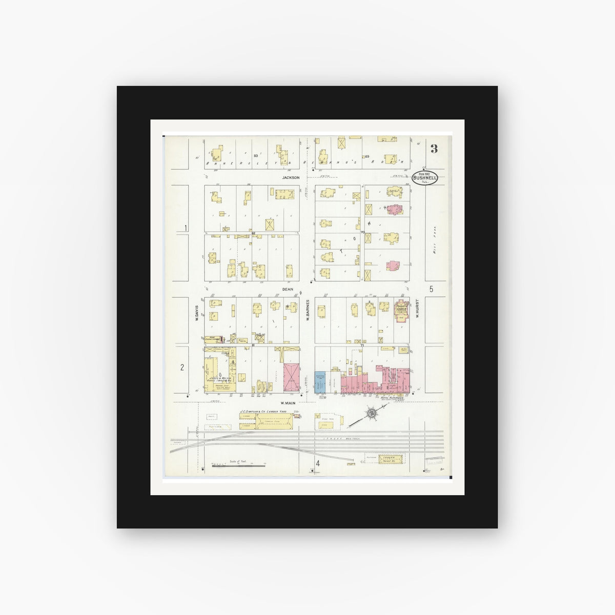 Old map wall art mockup — black gallery frame with white mat — Sanborn Fire Insurance Map from Bushnell, Mcdonough County, Illinois (1912), Sheet #0003