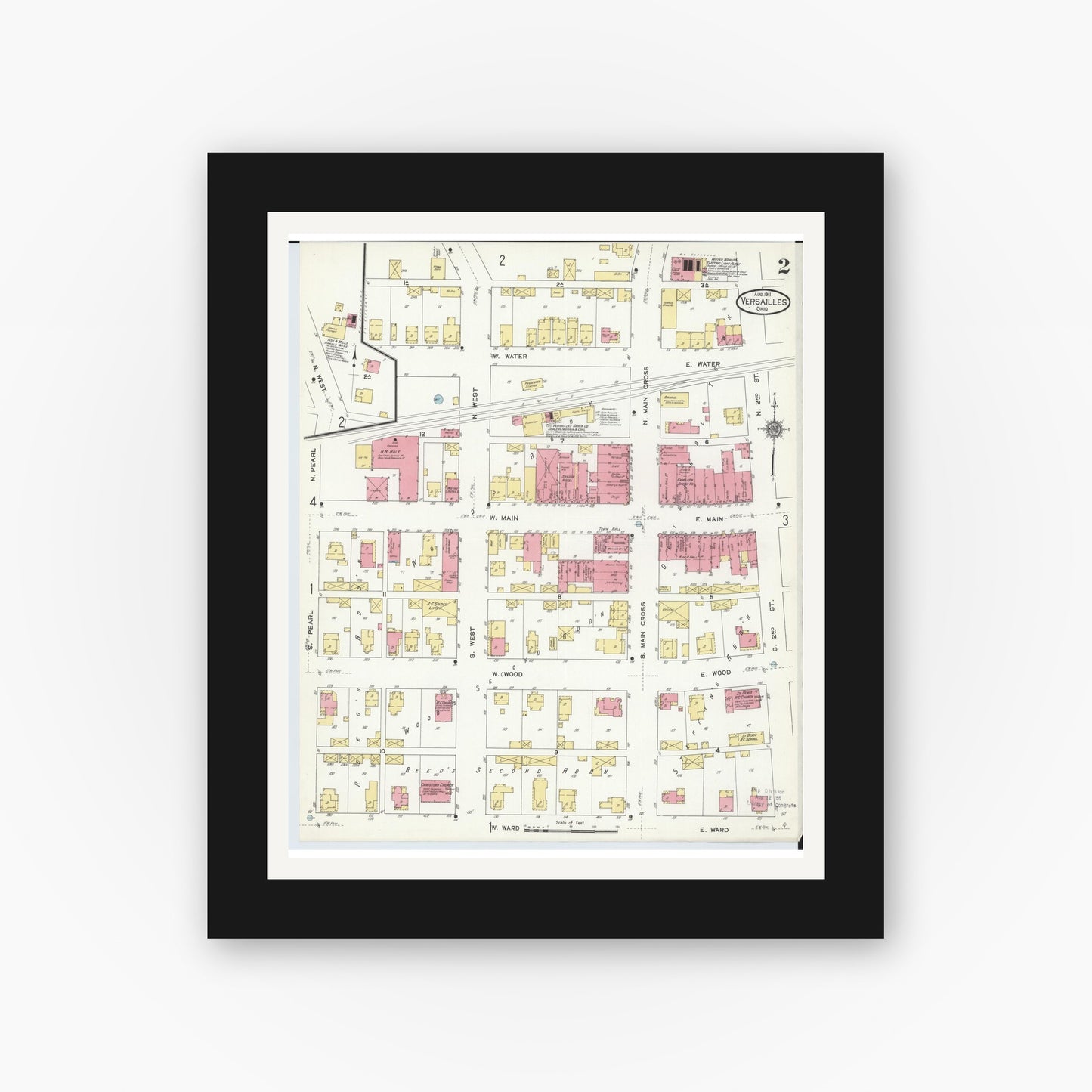 Old map wall art mockup — black gallery frame with white mat — Sanborn Fire Insurance Map from Versailles, Darke County, Ohio (1911), Sheet #0002