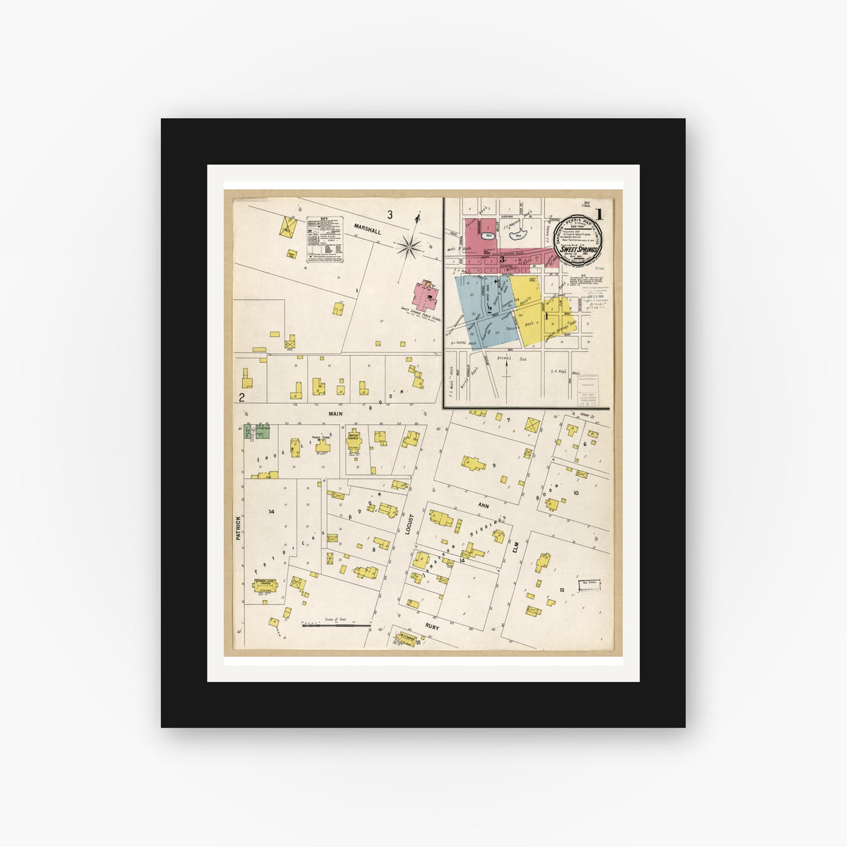 Old map wall art mockup — black gallery frame with white mat — Sanborn Fire Insurance Map from Sweet Springs, Saline County, Missouri (1900), Sheet #0001