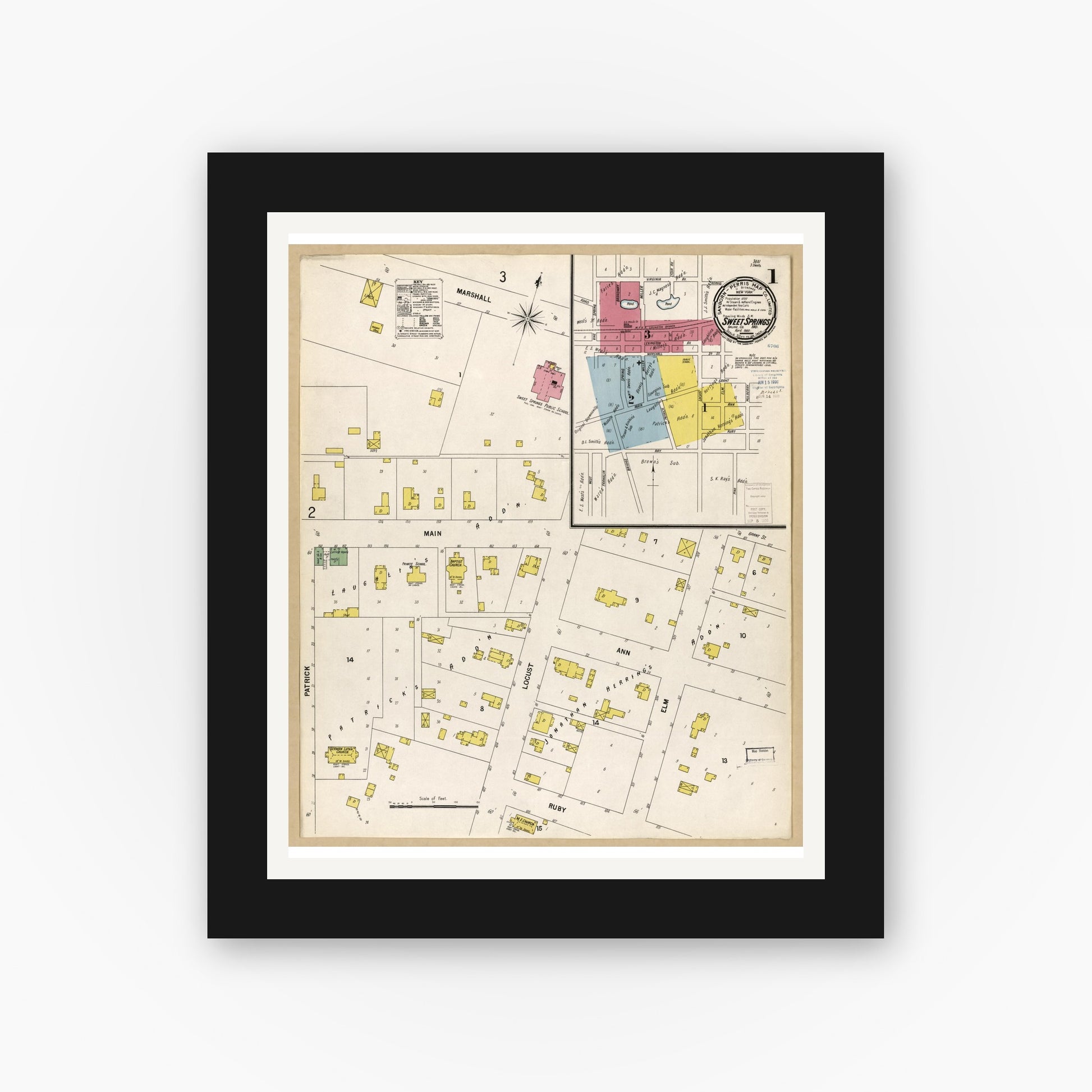 Old map wall art mockup — black gallery frame with white mat — Sanborn Fire Insurance Map from Sweet Springs, Saline County, Missouri (1900), Sheet #0001