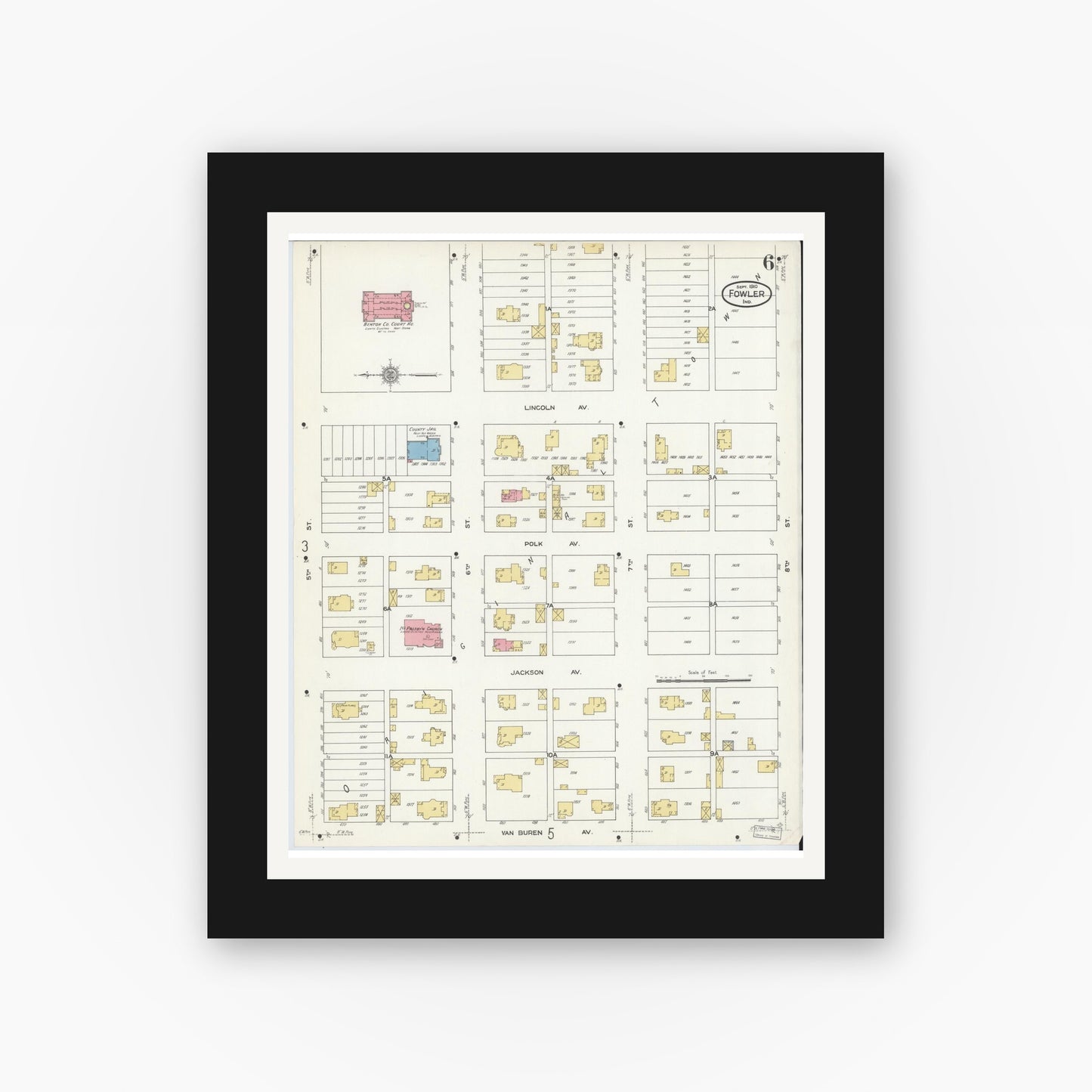 Old map wall art mockup — black gallery frame with white mat — Sanborn Fire Insurance Map from Fowler, Benton County, Indiana (1910), Sheet #0006