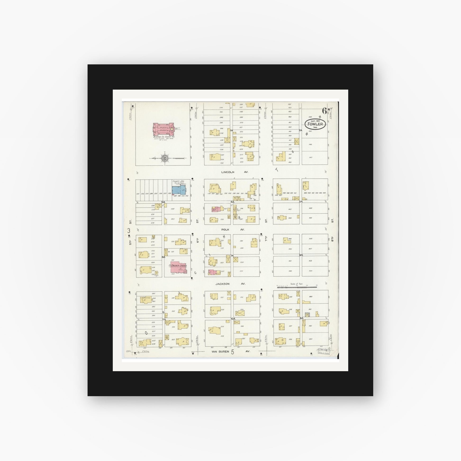 Old map wall art mockup — black gallery frame with white mat — Sanborn Fire Insurance Map from Fowler, Benton County, Indiana (1910), Sheet #0006