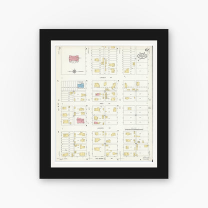 Old map wall art mockup — black gallery frame with white mat — Sanborn Fire Insurance Map from Fowler, Benton County, Indiana (1910), Sheet #0006