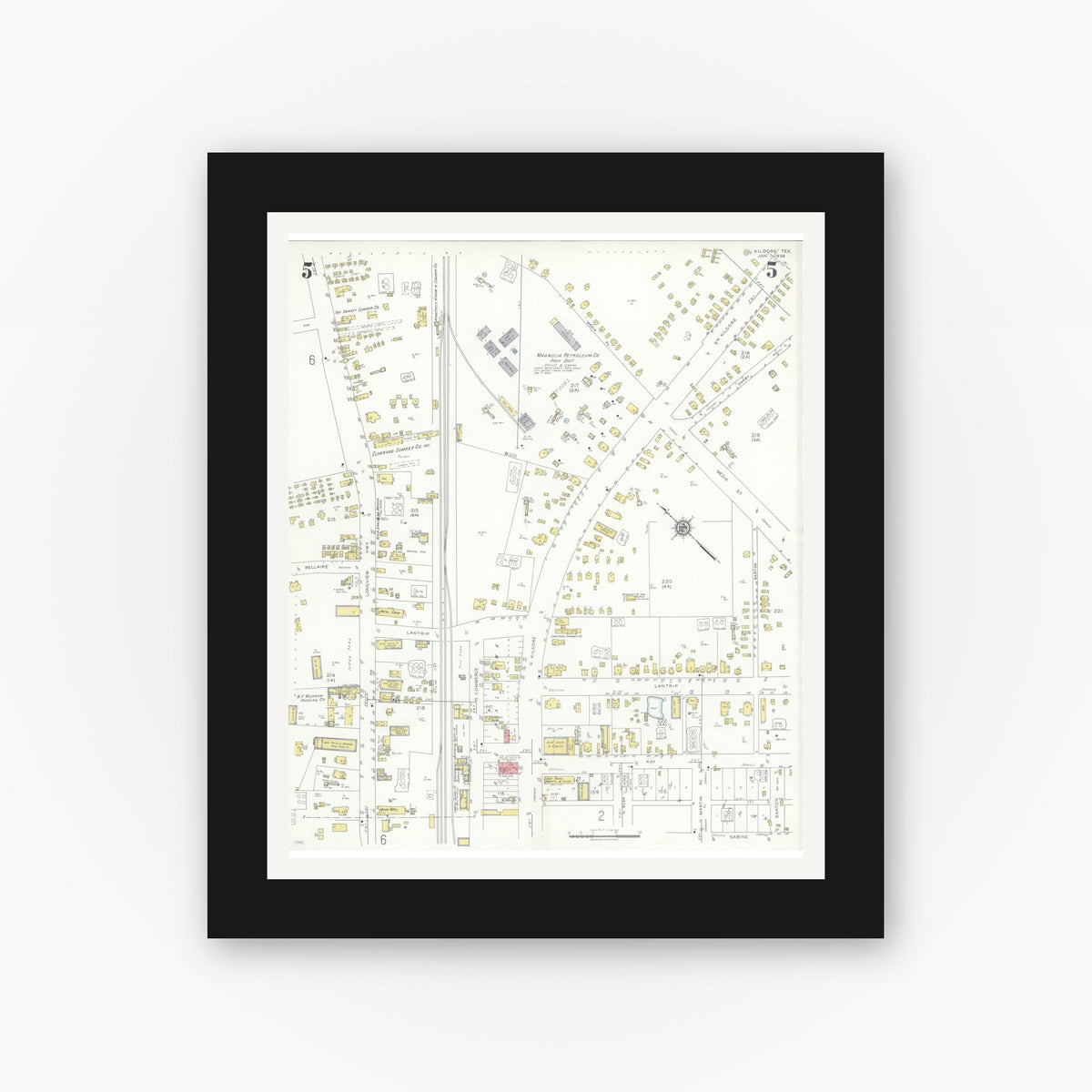 Old map wall art mockup — black gallery frame with white mat — Sanborn Fire Insurance Map from Kilgore, Gregg County, Texas (1936), Sheet #0005