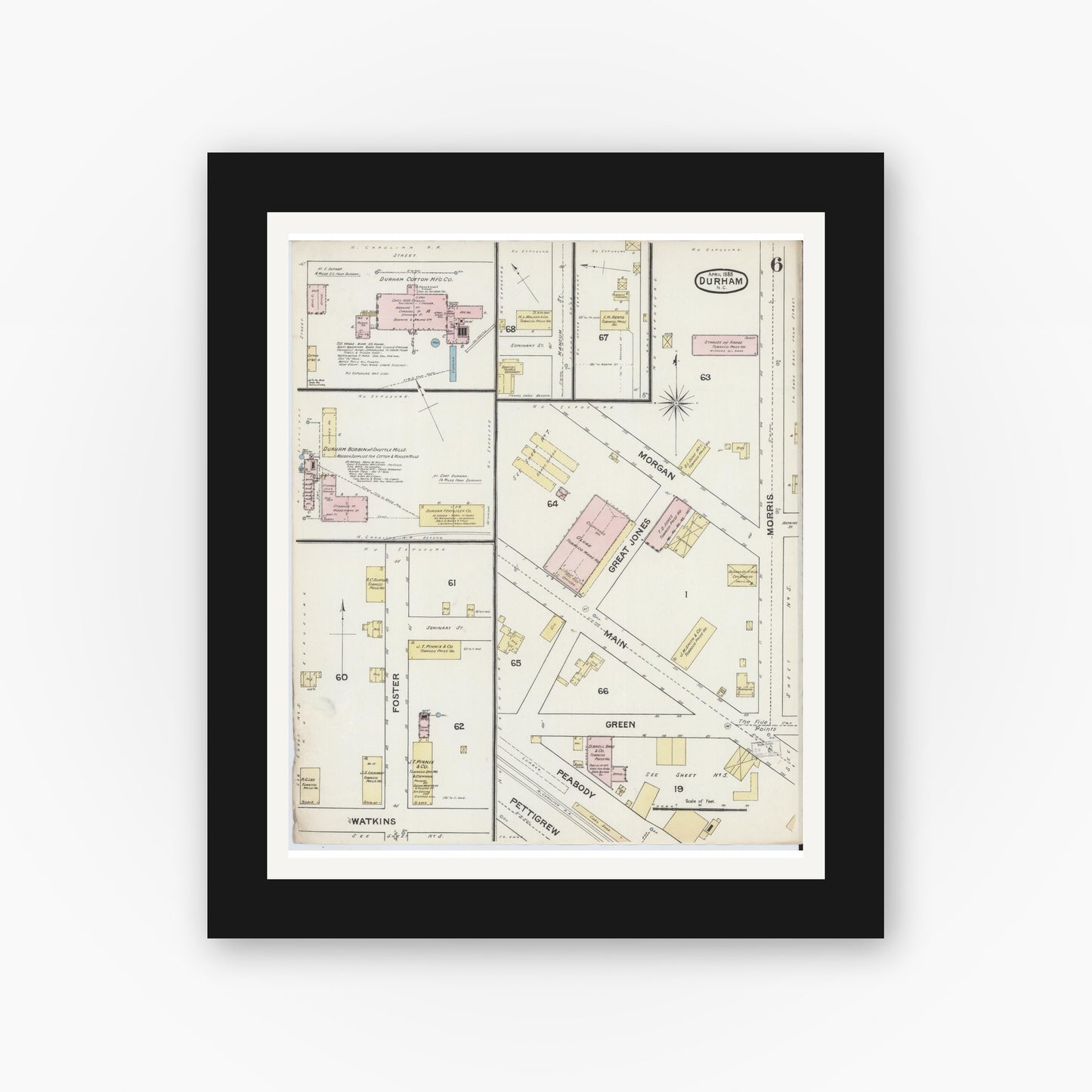 Old map wall art mockup — black gallery frame with white mat — Sanborn Fire Insurance Map from Durham, Durham County, North Carolina (1888), Sheet #0006
