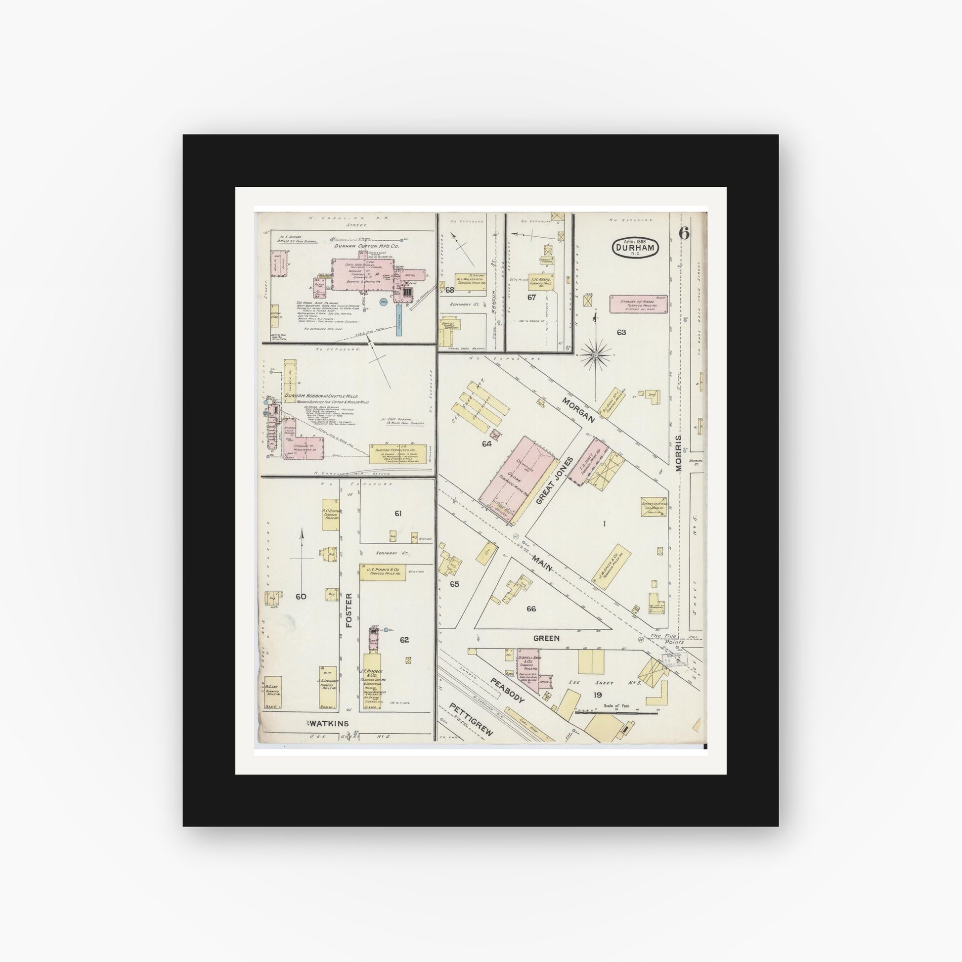 Old map wall art mockup — black gallery frame with white mat — Sanborn Fire Insurance Map from Durham, Durham County, North Carolina (1888), Sheet #0006