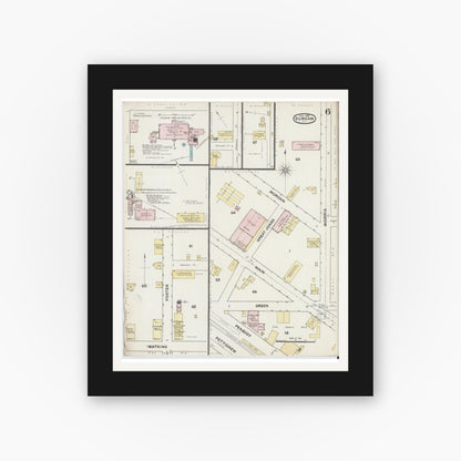 Old map wall art mockup — black gallery frame with white mat — Sanborn Fire Insurance Map from Durham, Durham County, North Carolina (1888), Sheet #0006